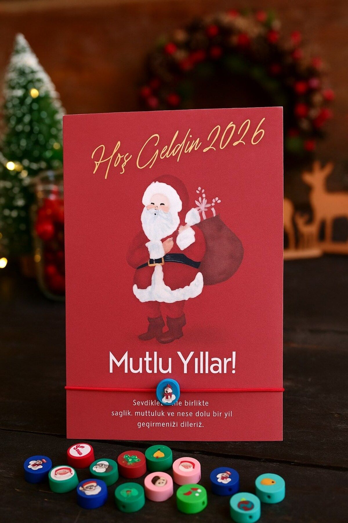 Emtory 10 Adet Hoşgeldin 2026 Noel Baba Kartlı Yılbaşı Figürlü Bileklik - Yılbaşı Hediyesi - Şans Bilekliği
