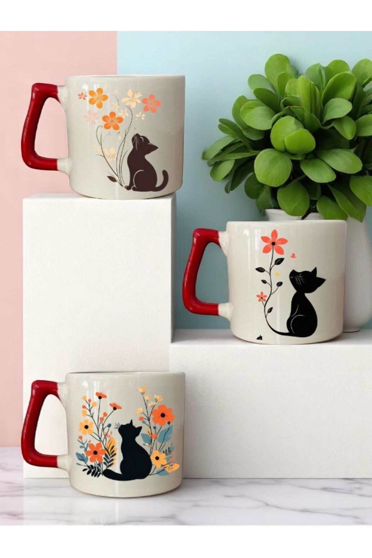 lili hediyelik Kedi ve Çiçek Baskılı Kırmızı Kulplu 3'lü Kupa Bardak Seramik Kahve Bardağı