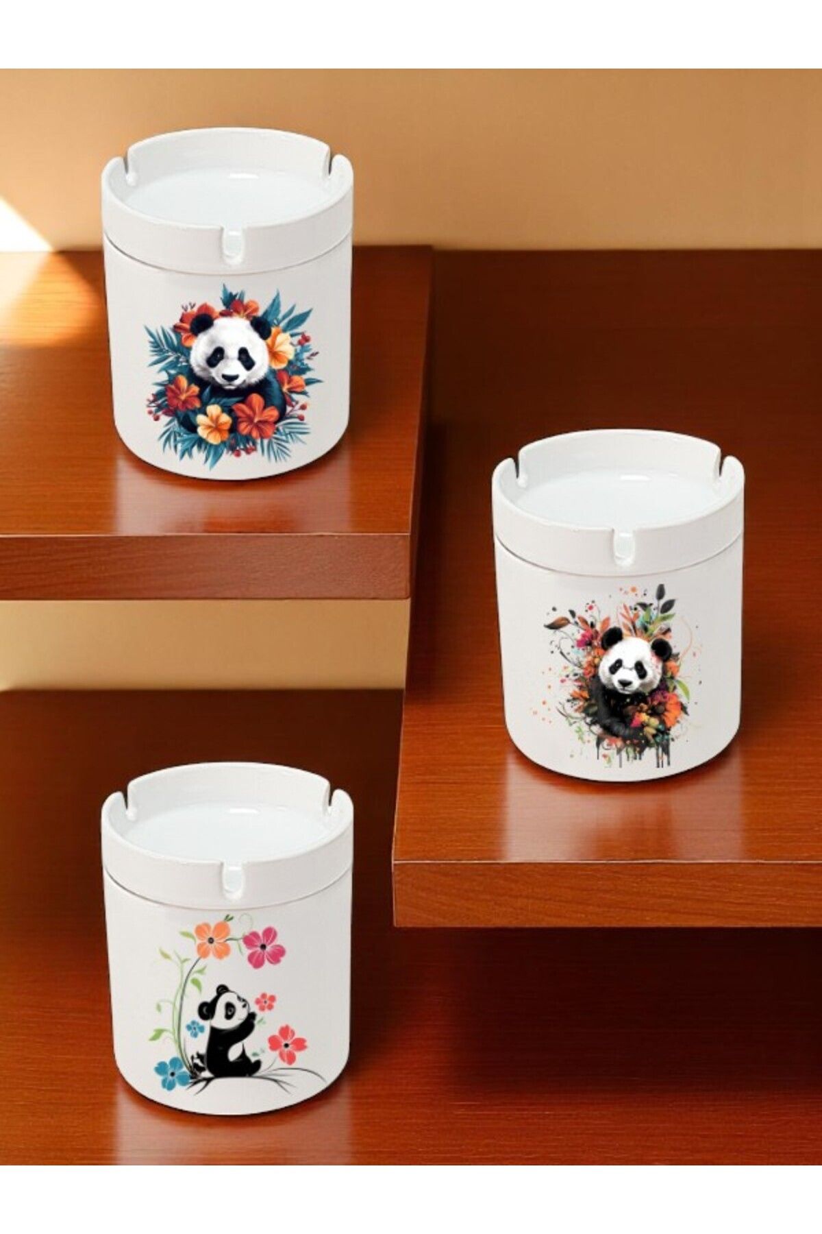lili hediyelik Panda ve Çiçek Baskılı 3'lü Seramik Küllük Kül Tablası