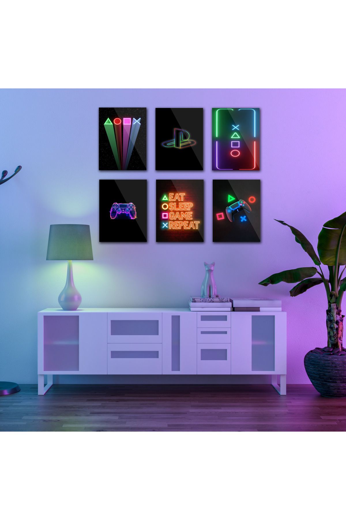 TABLOX 6 parça Playstion Neon Gamer Oyuncu Oyun Kolu Çerçeve Görünümlü Mdf tablo Duvar Süsü Hediyelik Eşya