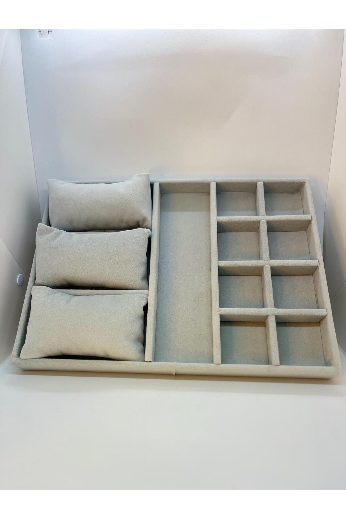 Stil Kutu Yerli Üretim Stil Model Süet Kumaş Gri Renk 34x24 Cm Çekmece Içi Takı Ve Gözlük Standı