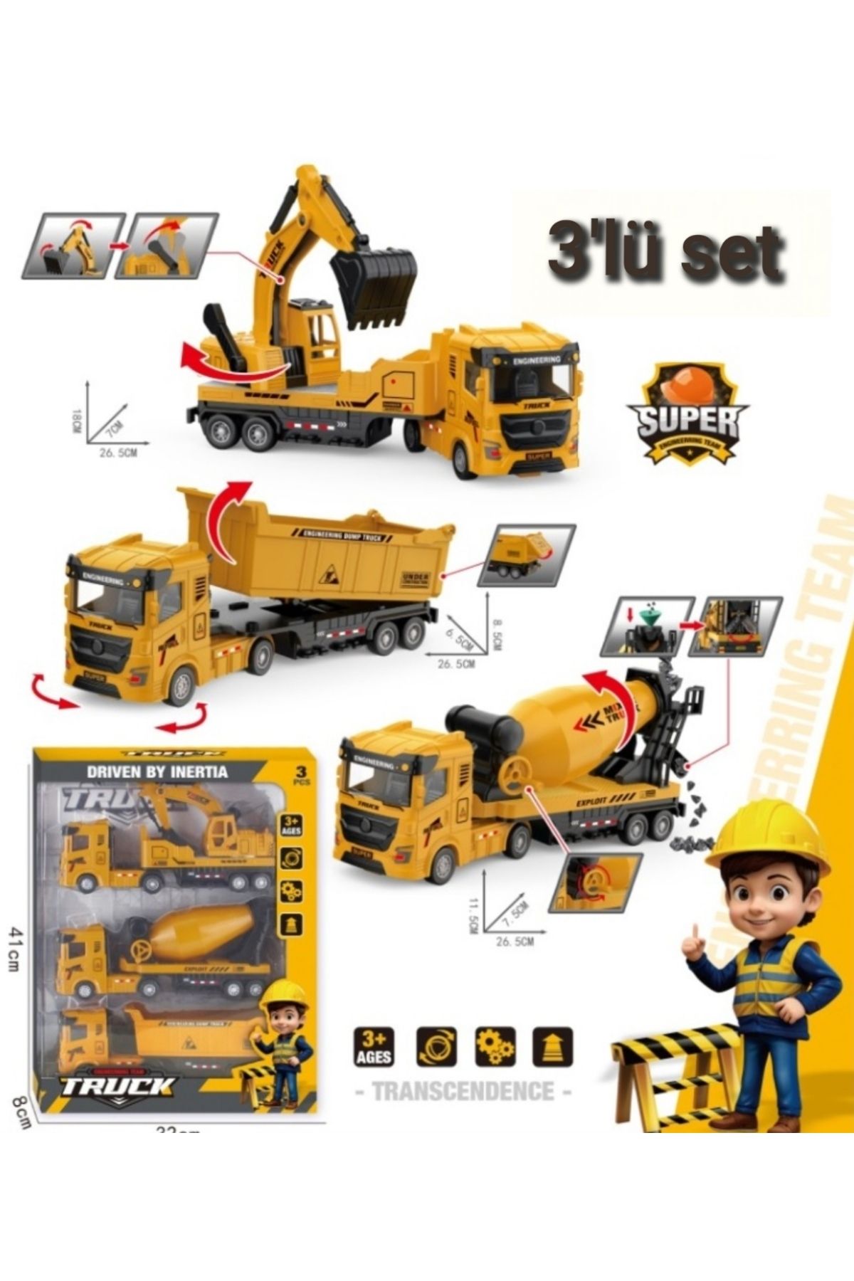 berattoys 3lü set büyük iş makinaları kırılmaz iş araçları 28 cm sürtmeli kamyon kepçe mikser