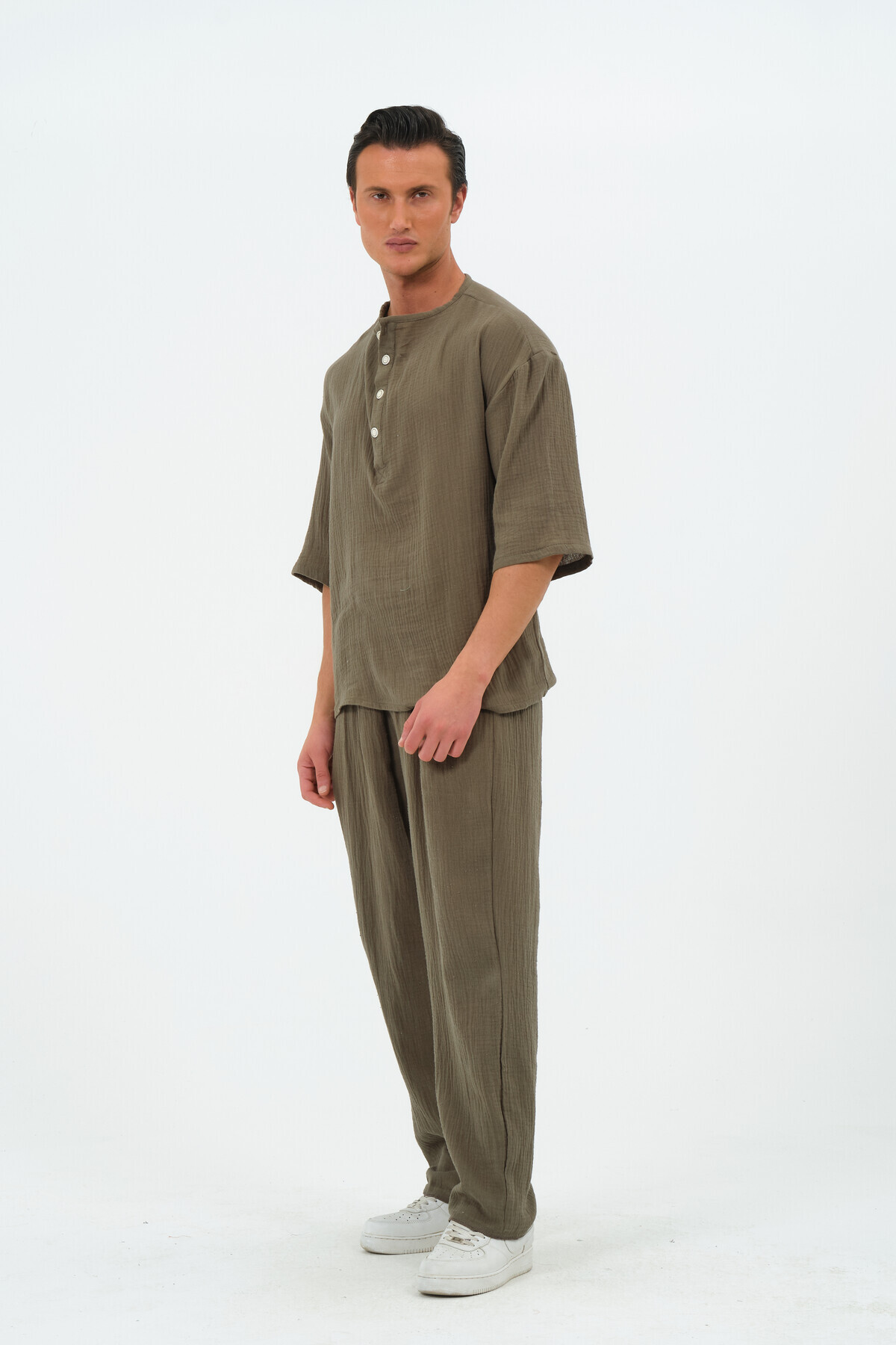 RELAXL %100 Pamuk Müslin Kumaş Fakir Kol Pat Yaka Haki Yeşil Oversize Gömlek görsel 4