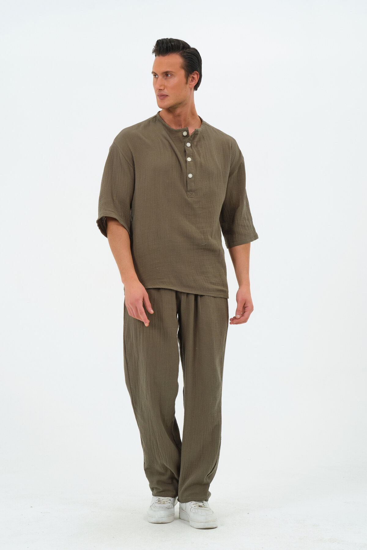 RELAXL %100 Pamuk Müslin Kumaş Fakir Kol Pat Yaka Haki Yeşil Oversize Gömlek görsel 7