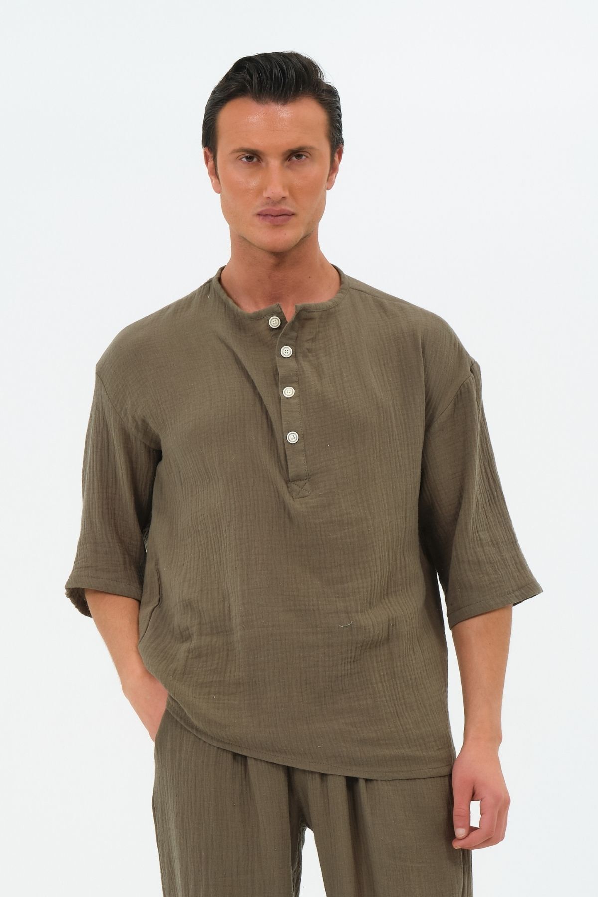 RELAXL %100 Pamuk Müslin Kumaş Fakir Kol Pat Yaka Haki Yeşil Oversize Gömlek görsel 5
