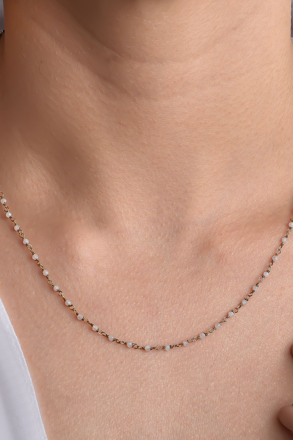 Nox Jewelry 14 Ayar Altın Kaplama Rose Kuvars Ham Değerli Taş Gümüş Choker- CNS00637