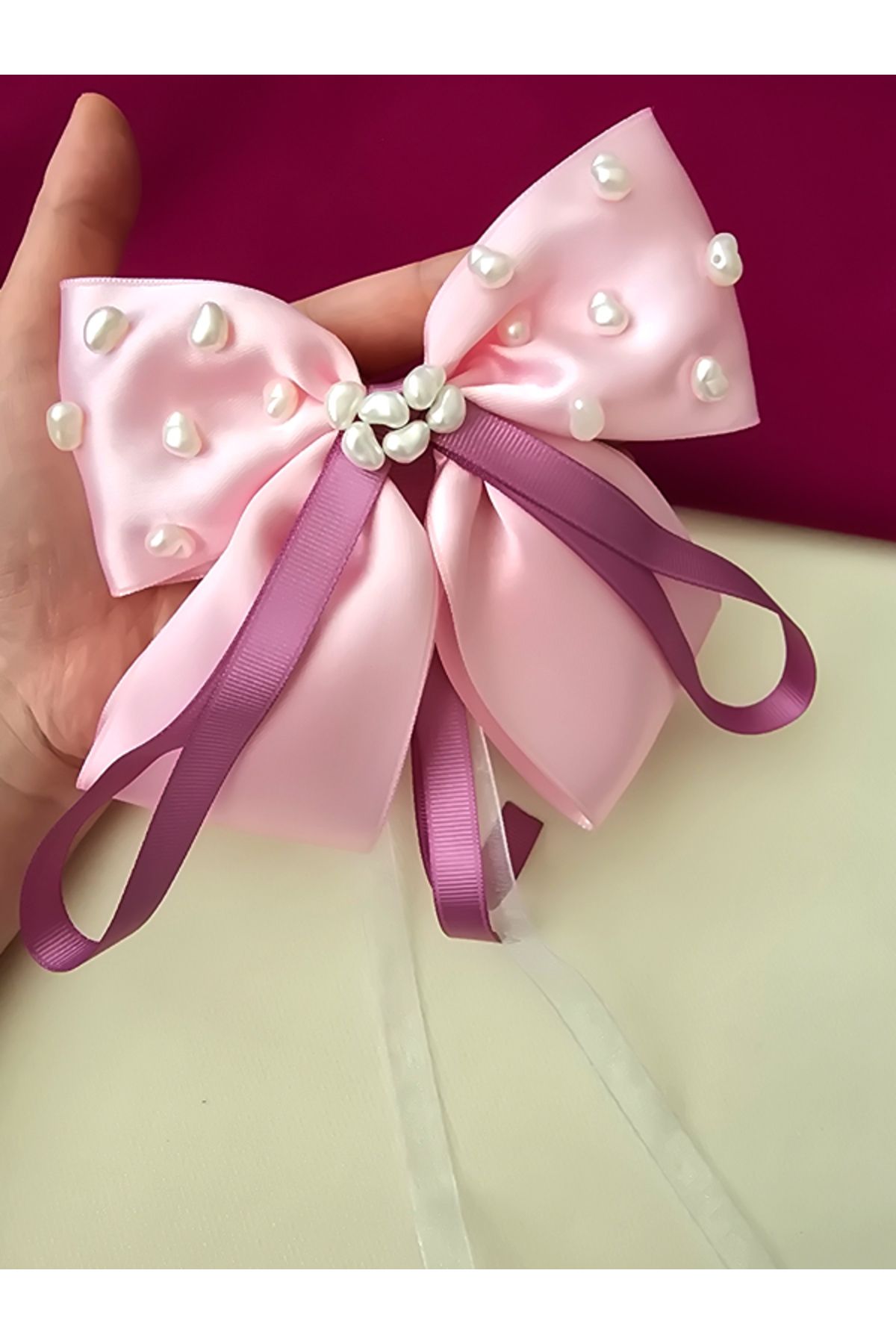 Riccoco Accessory Pembe Kurdele Fiyonk Toka İnci Detay Büyük Fiyonk Otomatik Toka
