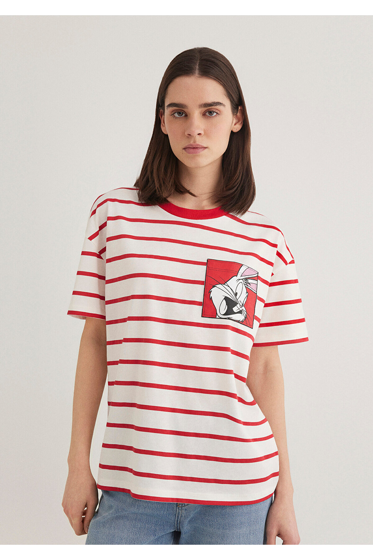 Mavi Bugs Bunny Baskılı Çizgili Kırmızı Tişört Loose Fit / Bol