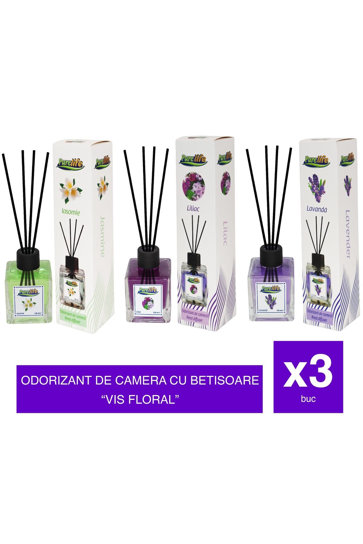 PureLife Αρωματικό χώρου σε στικ PureLife – 120 ml, Σετ 3 αρωμάτων (Γιασεμί, Λιλά, Λεβάντα)