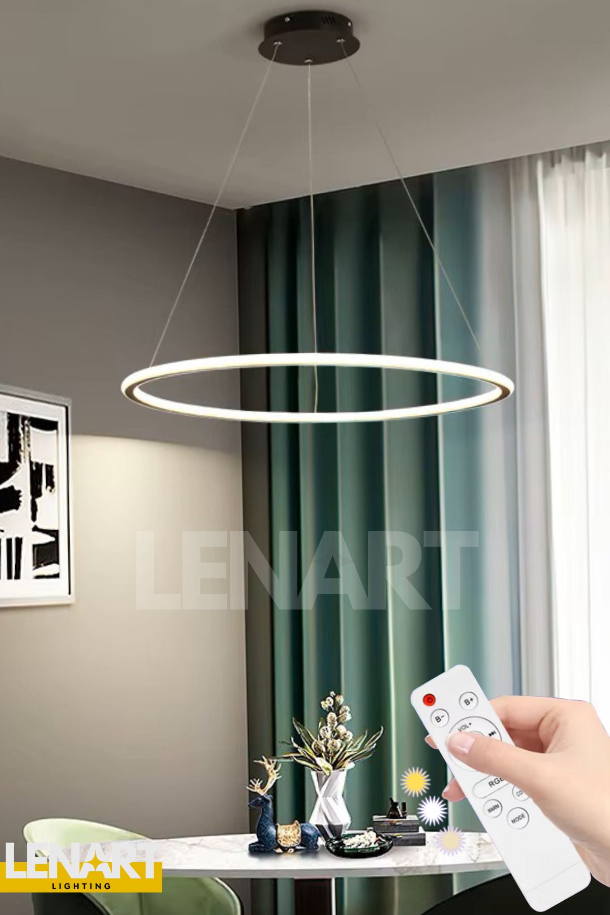 Lenart Lighting Halka Model Çift Kasa Yüksek Aydınlatmalı Sarkıt Led Avize, Kumandalı, 3 Renk Aydınlatmalı Avize