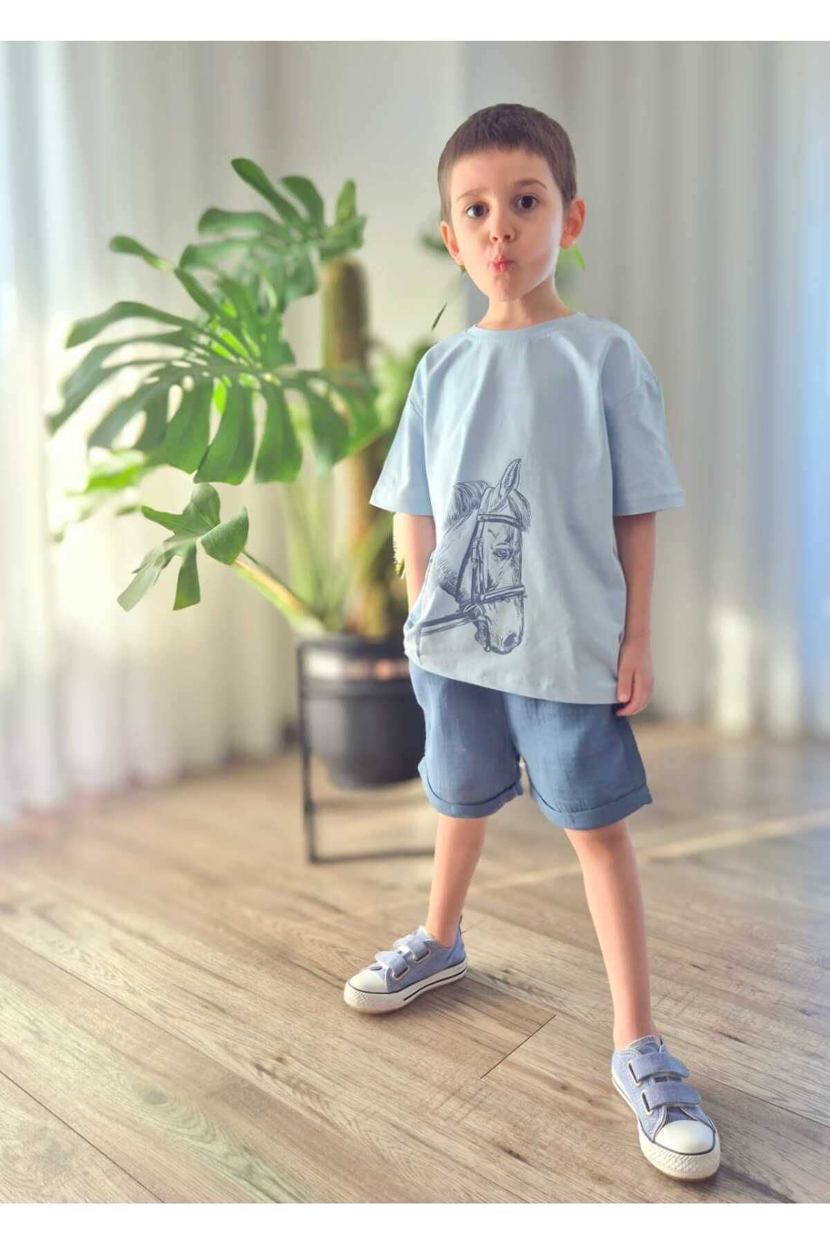 BALKABAĞI-Set de vară pentru copii Horse Indigo Muslin Bumbac 7