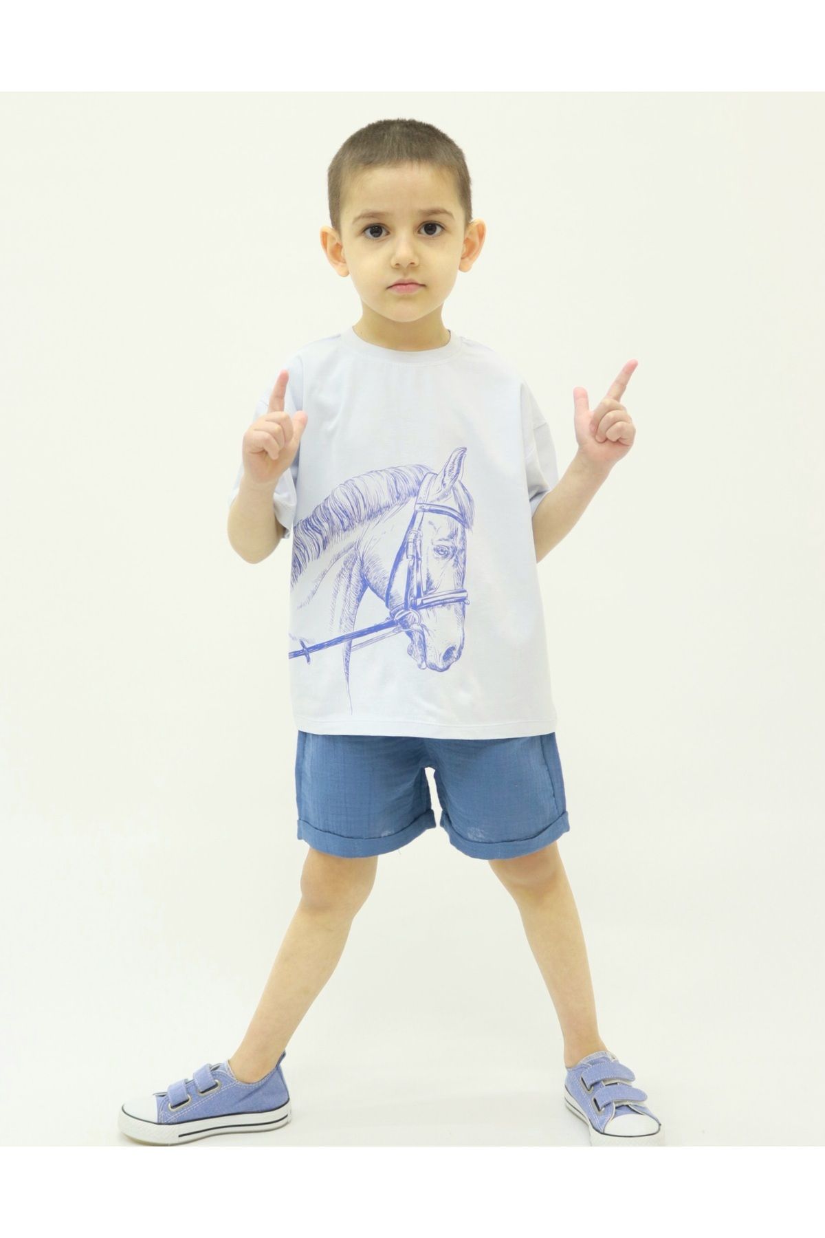 BALKABAĞI-Set de vară pentru copii Horse Indigo Muslin Bumbac 4