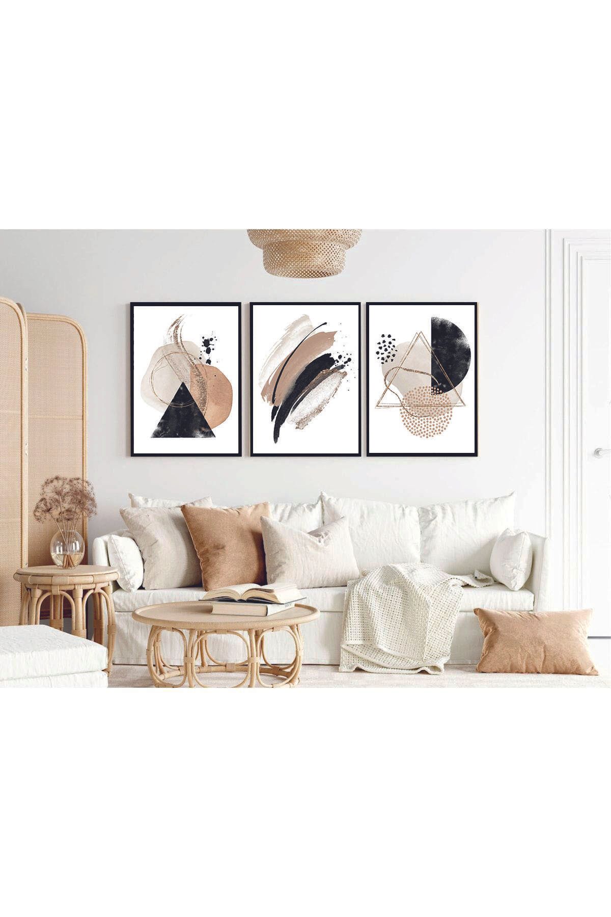 Artte Ahşap Çerçeveli Üçlü Geometrik Soyut Tablo – Modern Minimal