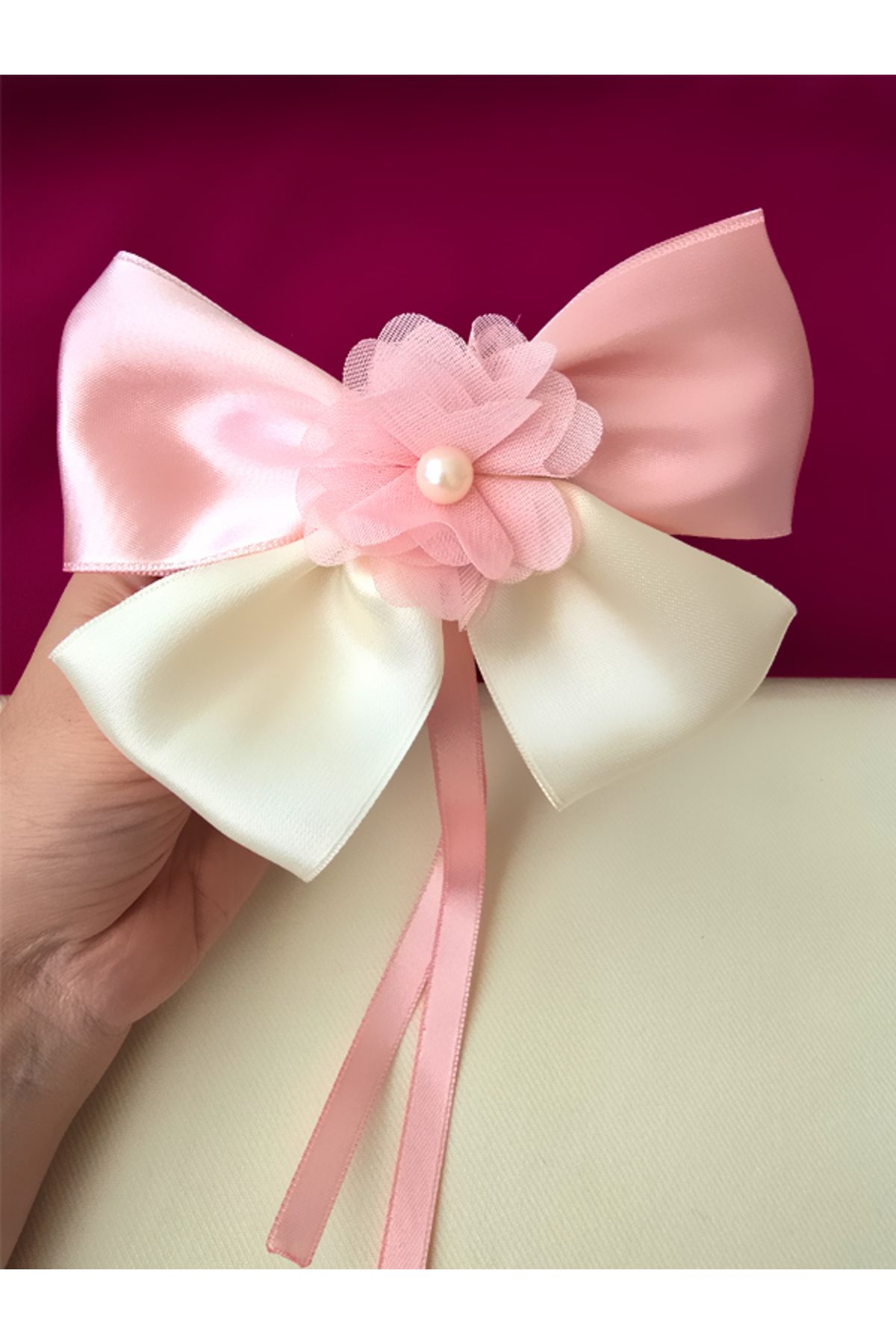 Riccoco Accessory Pudra Krem Çiçek Detay Fiyonk Toka İnci Detay Büyük Otomatik Toka