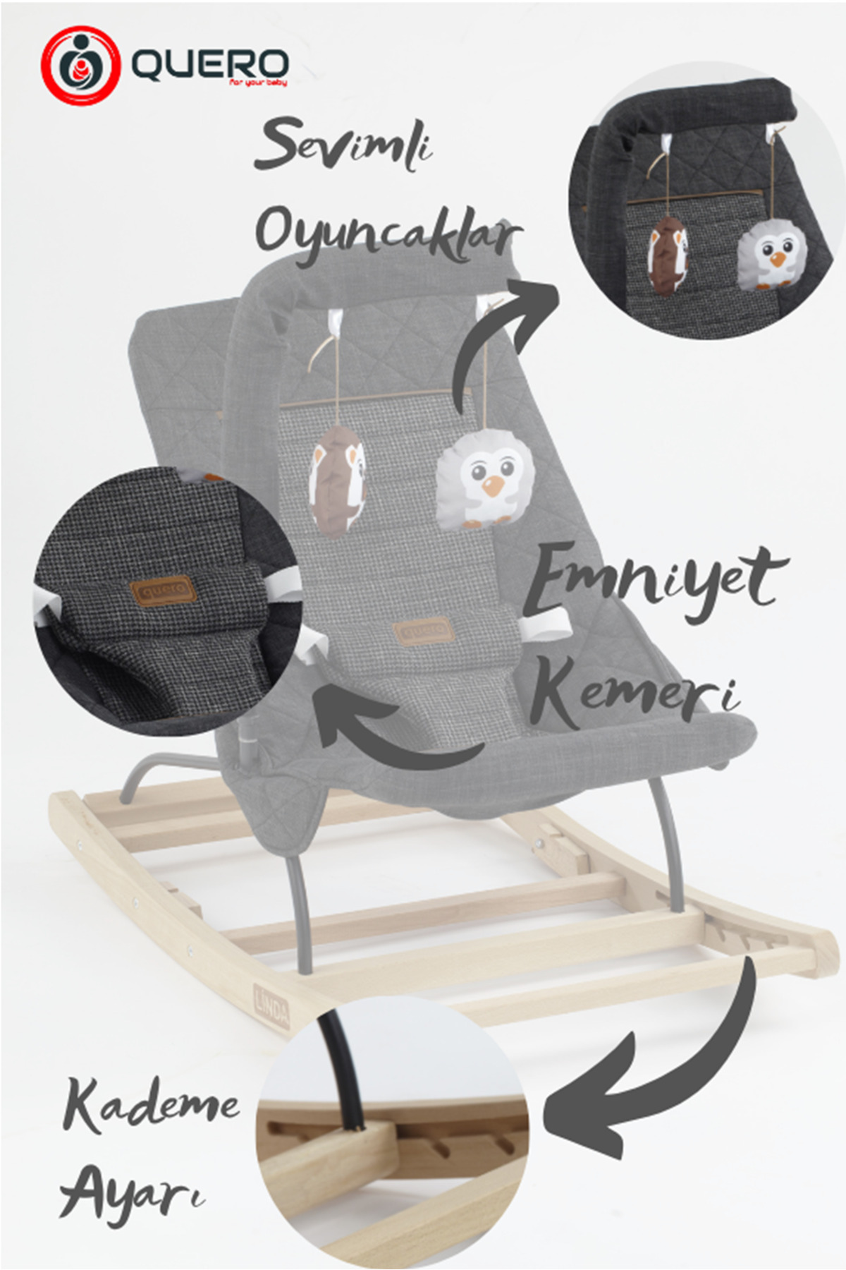 Quero Linda Ahşap Anakucağı, Kademeli, Sallanır, Sabitlenebilir, Oyuncaklı,Ana Kucağı Puset, Ana Dizi fotoğrafı 5 (önizleme)