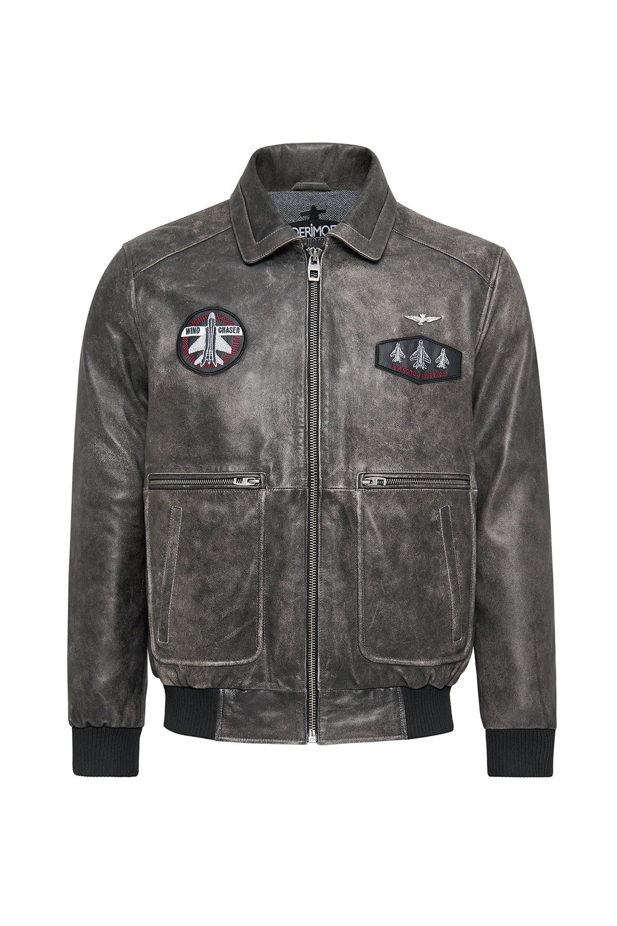 Derimod-Hurricane Men's Gray Embroidered Collar Fur Leather Pilot Coat 24Wgd6543G6 3
