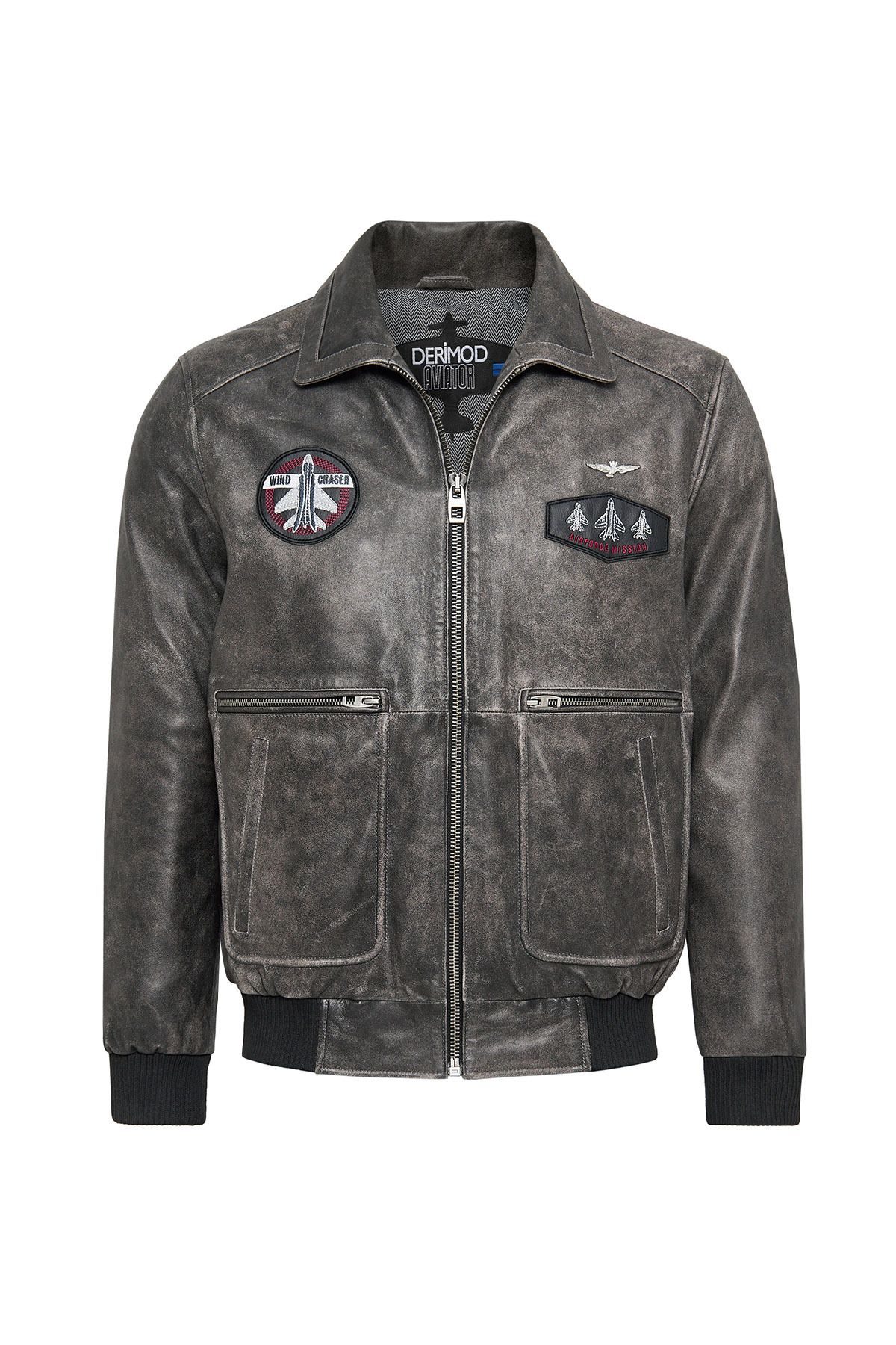 Derimod-Hurricane Men's Gray Embroidered Collar Fur Leather Pilot Coat 24Wgd6543G6 4