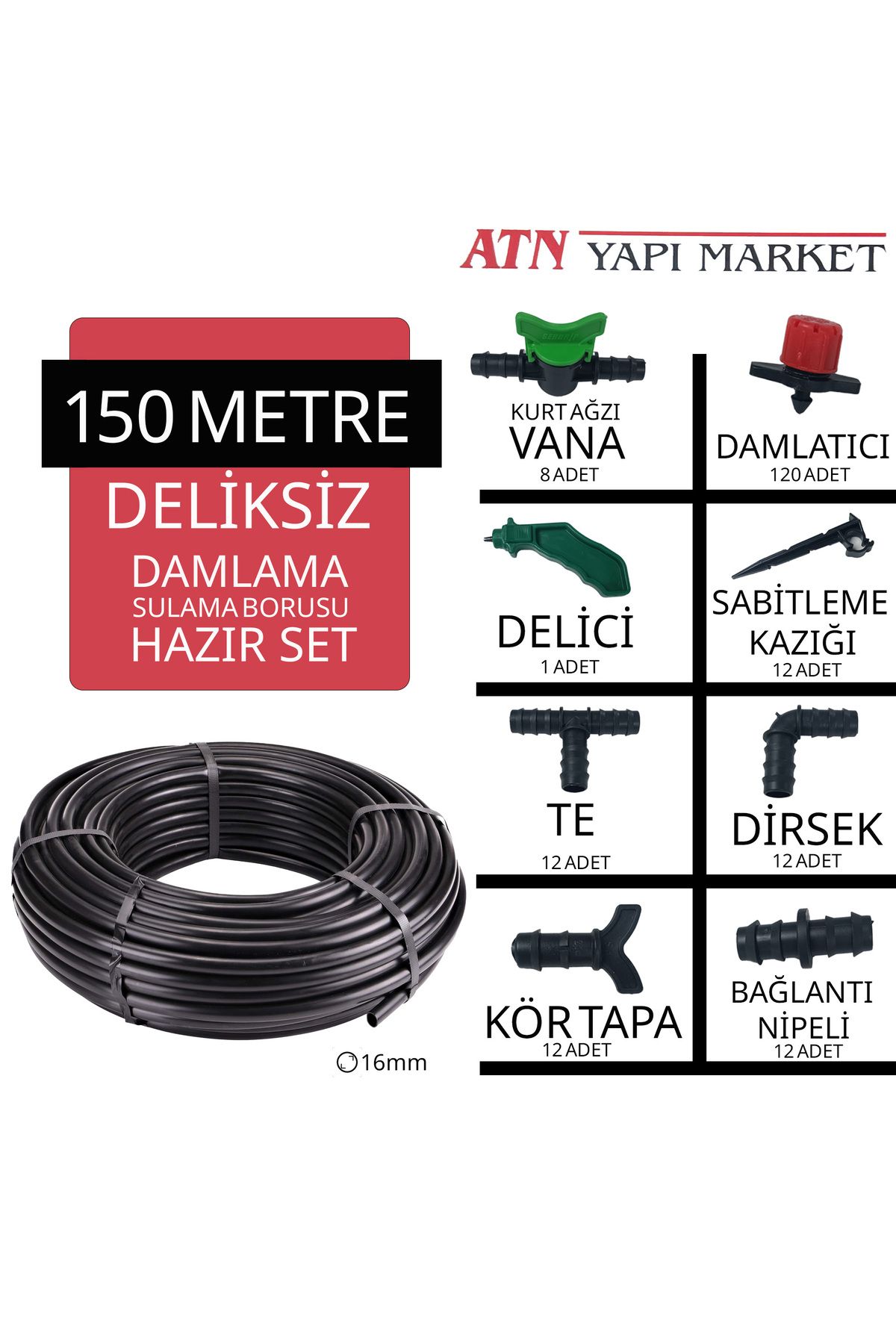 ATN 150 Metre Deliksiz Damlama Sulama Sistemi Seti - Hazır Kurulum Bahçe Ve Tarla Sulama Kiti