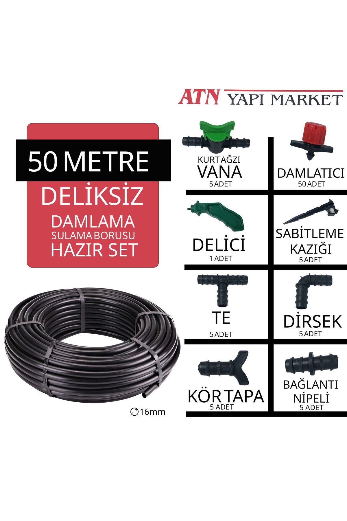 ATN 50 Metre Deliksiz Damlama Sulama Seti | Tüm Parçalar Dahil | Su Tasarruflu Bahçe Sulama Sistemi
