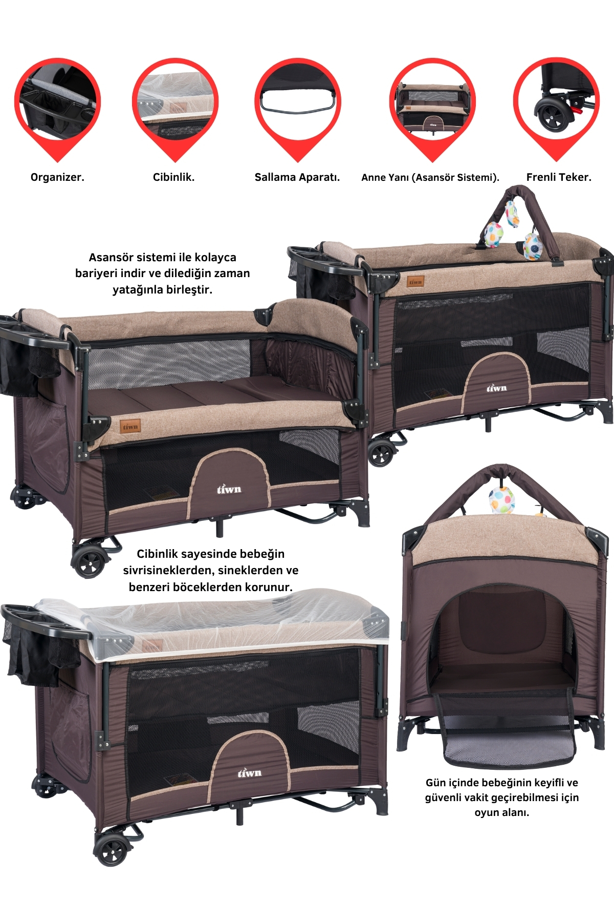 Tiwn Viego 3 In 1 | Anne Yanı Park Beşik 6 Parça Uyku Seti Yatak | Antialerjik fotoğrafı 2 (önizleme)