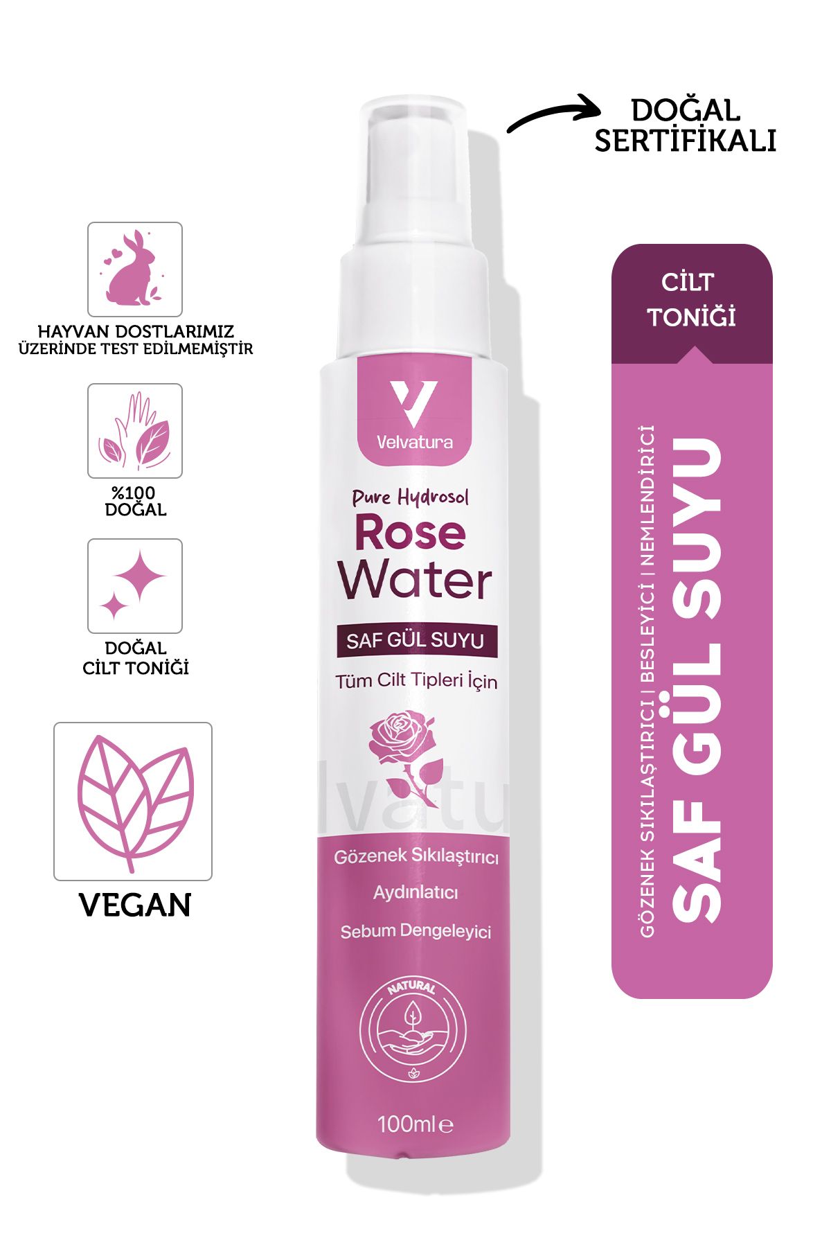 Velvatura Gül Suyu Gözenek Sıkılaştırıcı Aydınlatıcı Ve Arındırıcı Tonik %100 Doğal Ve Saf 100 ml V25011
