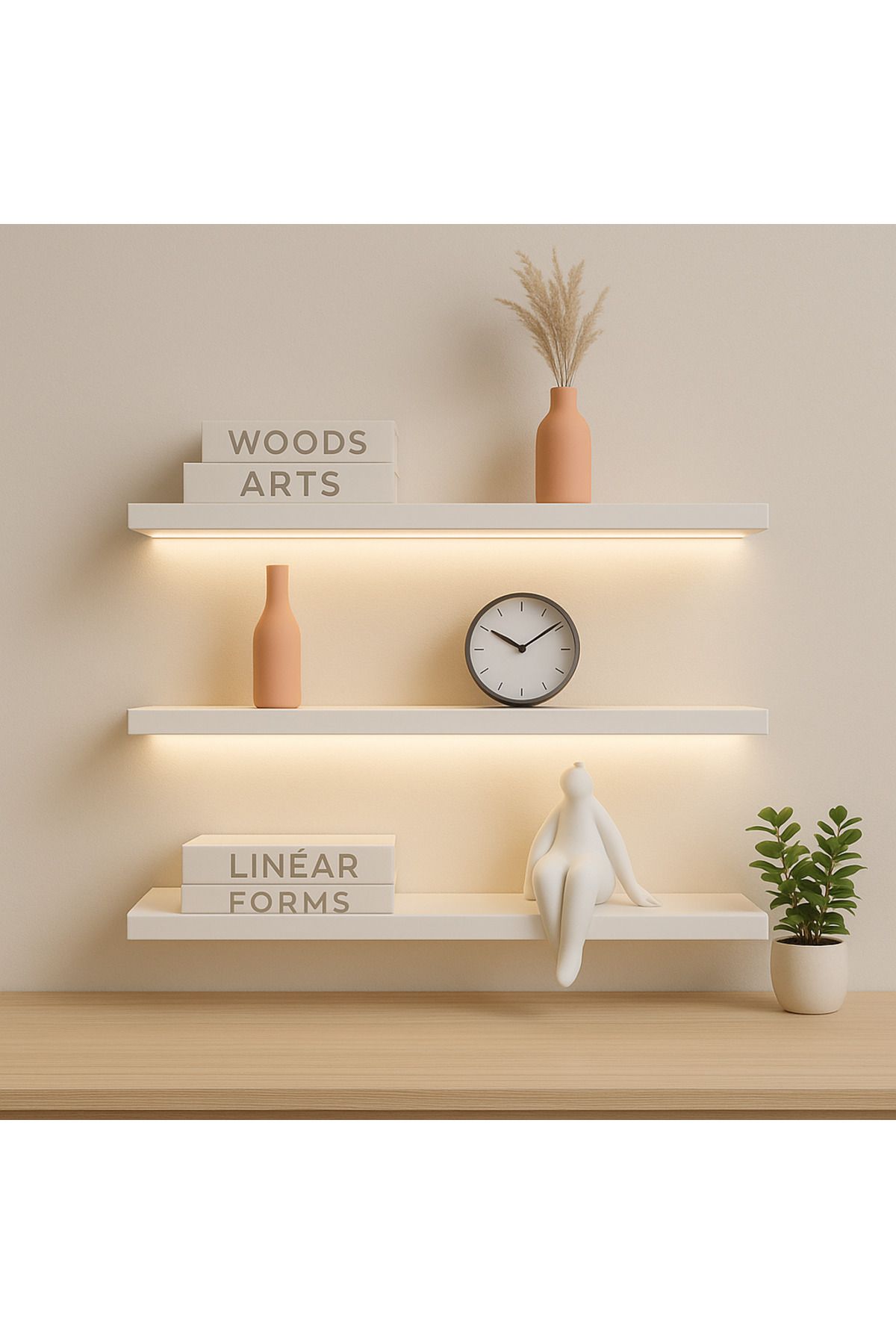Kafs Store Minimal Beyaz Duvar Rafı - Uçan Raf (3'lü Set)