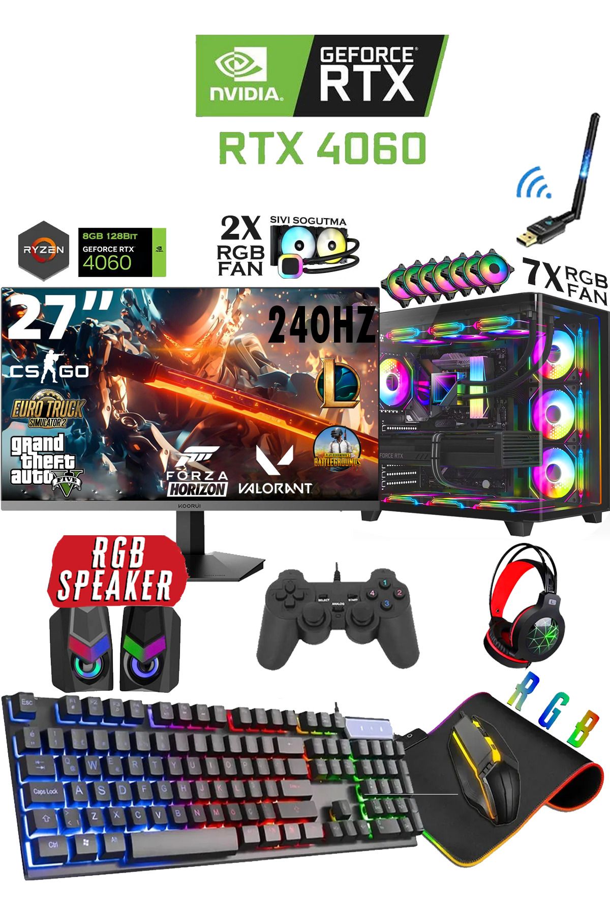 Dmc N313 (PUBG,GTA 5) Ryzen 7 5700X 32GB 1TB M.2 RTX4060 Sıvı Soğutmalı 27" 240Hz Oyuncu Bilgisayarı