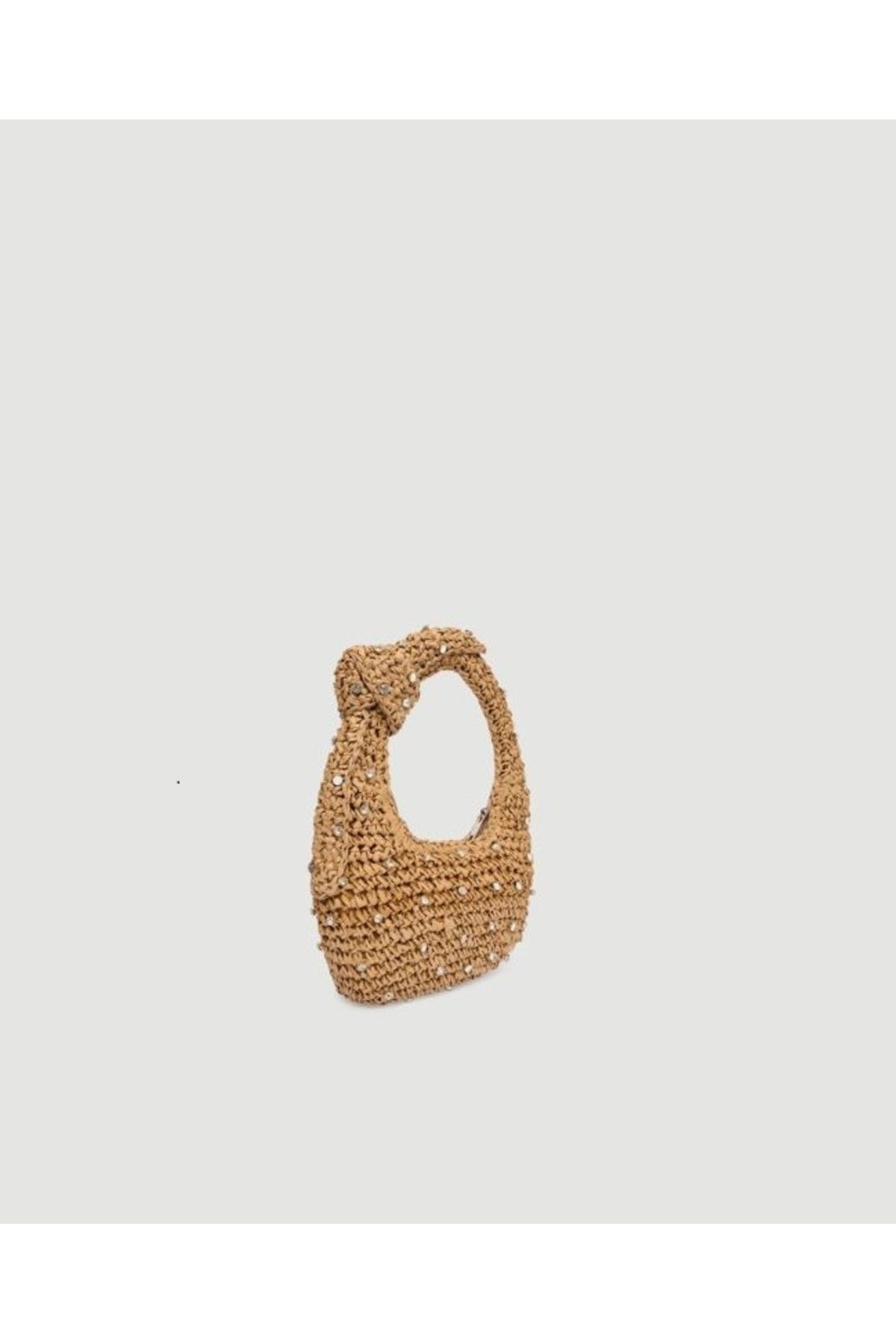 Nily Home Taş Detaylı Camel Örgü Saplı Hasır Omuz Çantası