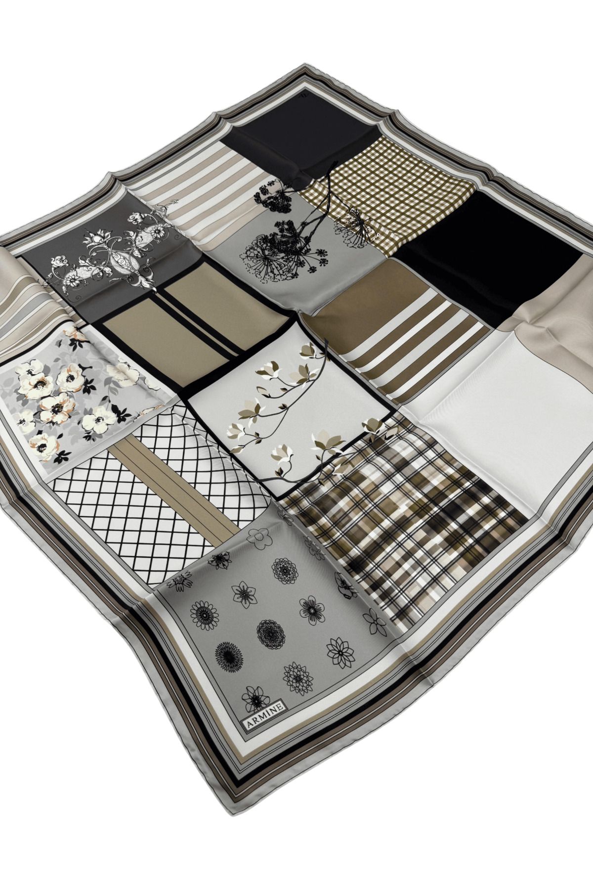 Armine-Nostalgia Series Silk Twill Scarf 8303D-34 Geometric Pattern Grey-Cream 1
