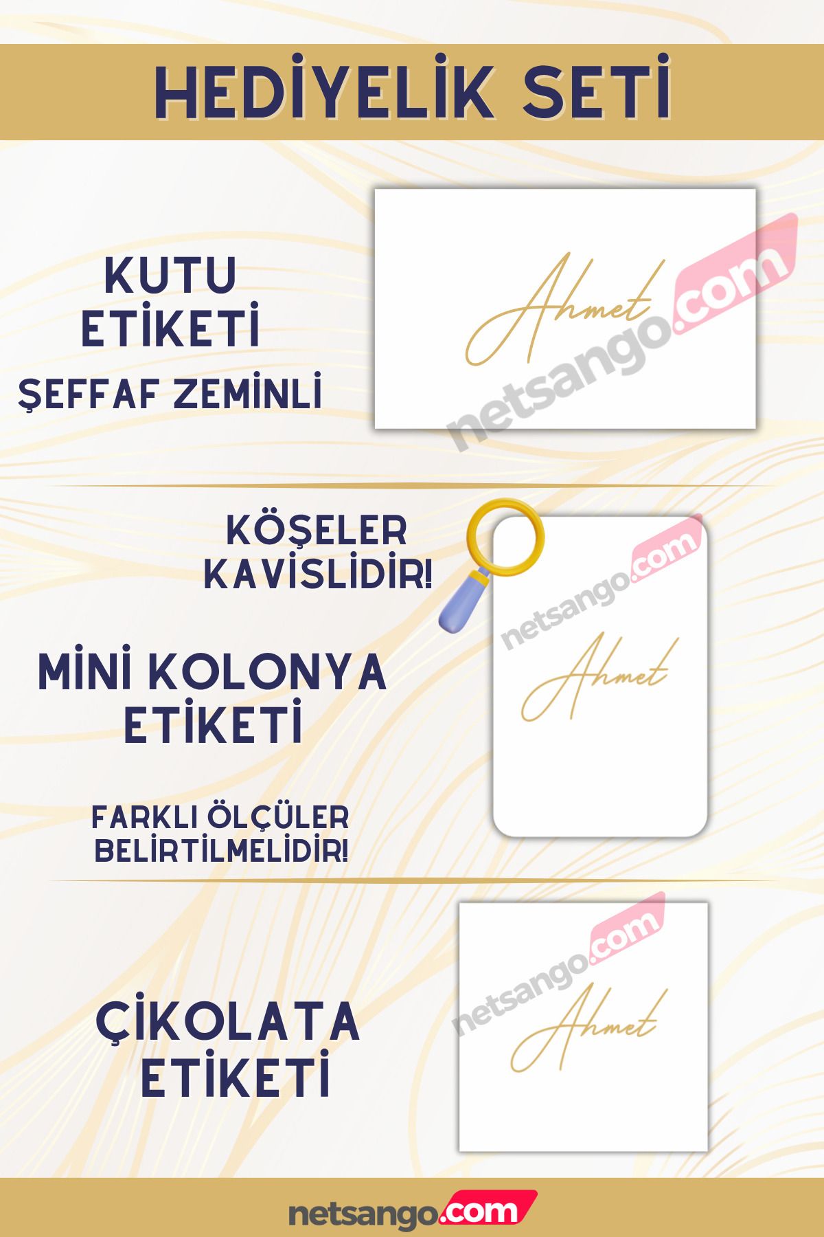 Netsan Etiket Sade Hediyelik Seti / Çikolata Etiketi - Kolonya Etiketi - Kutu Etiketi / Beyaz Altın Rengi Gold