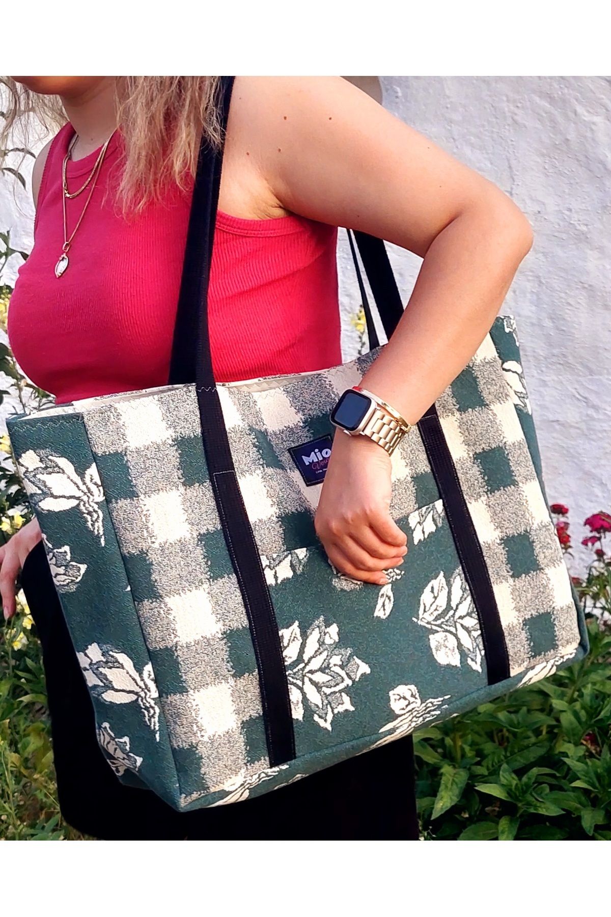 Mio Vero Vintage Büyük Boy Totebag Omuz Çantası - Ekose Çiçek Desen, Su İtici Astar