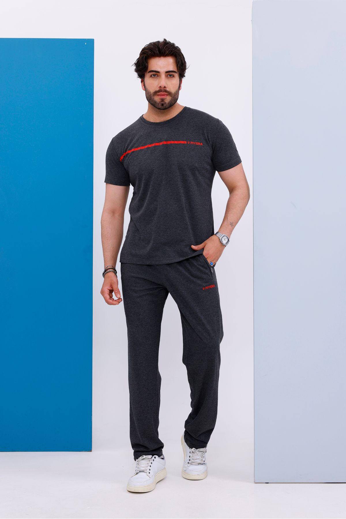 Piyera Erkek Battal Beden Amerikan Pike Kumaş Antrasit Bisiklet Yaka T-shirt Alt-üst Takımı - 133