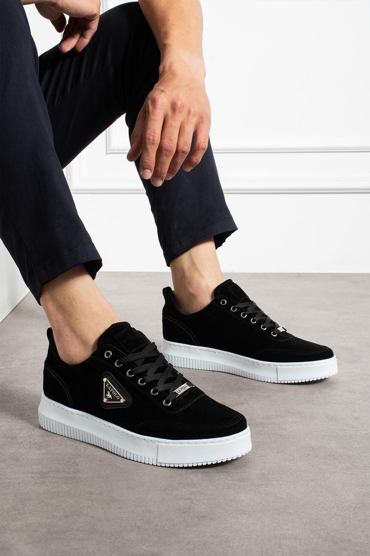 L.A Polo Kalın Tabanlı Siyah Beyaz Renk Süet Erkek Sneaker