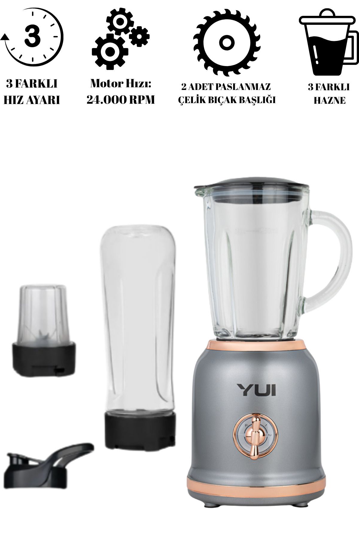 Yui-Personal Blender Set - M18 (450 ml Glass Jar with Handle, 600 ml Smoothie Cup, 180 ml Coffee Grinder) 2