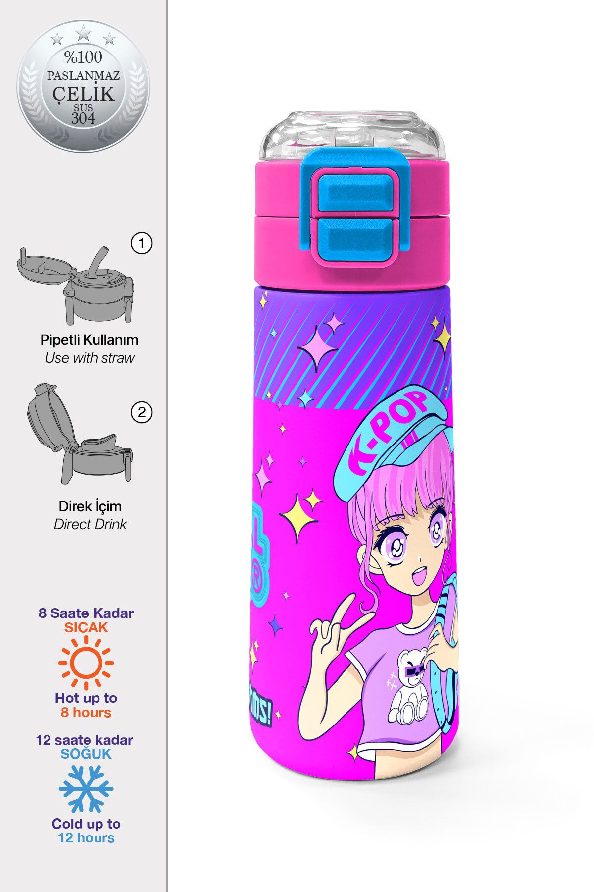 Coral High-Kids Purple Pink Blue K-Poppatterned Steel Thermos with Straw and Direct Drinking 500 ml 31831 1