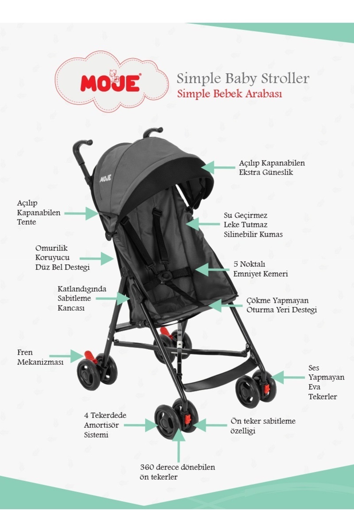 Moje Simple Gri Baston Bebek Arabası fotoğrafı 3 (önizleme)