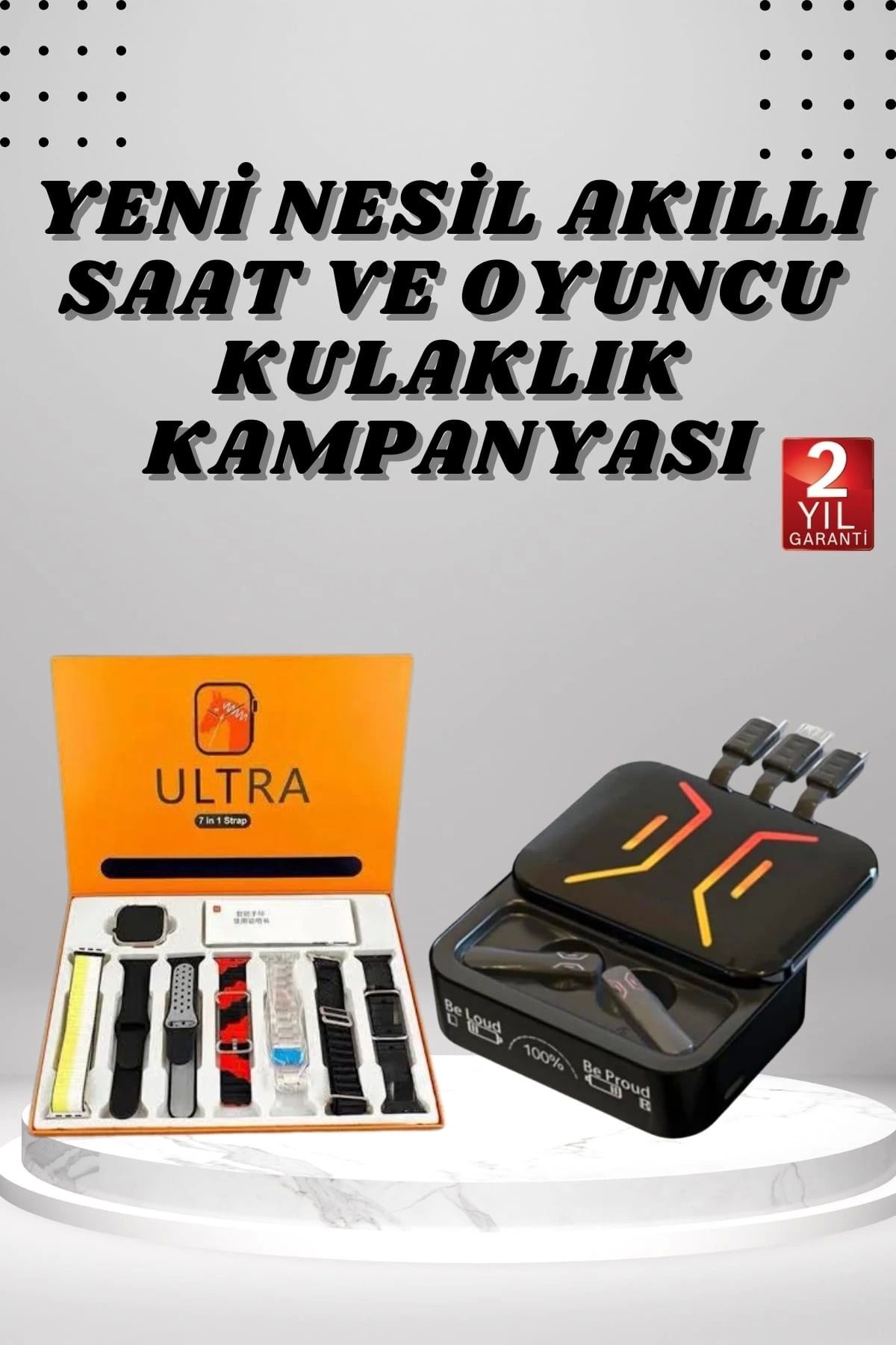 MELFSHOP Powerbank Kulaklık ve 7 Kordonlu Akıllı Saat Çoklu Şarj Girişi Bluetooth Bağlantılı