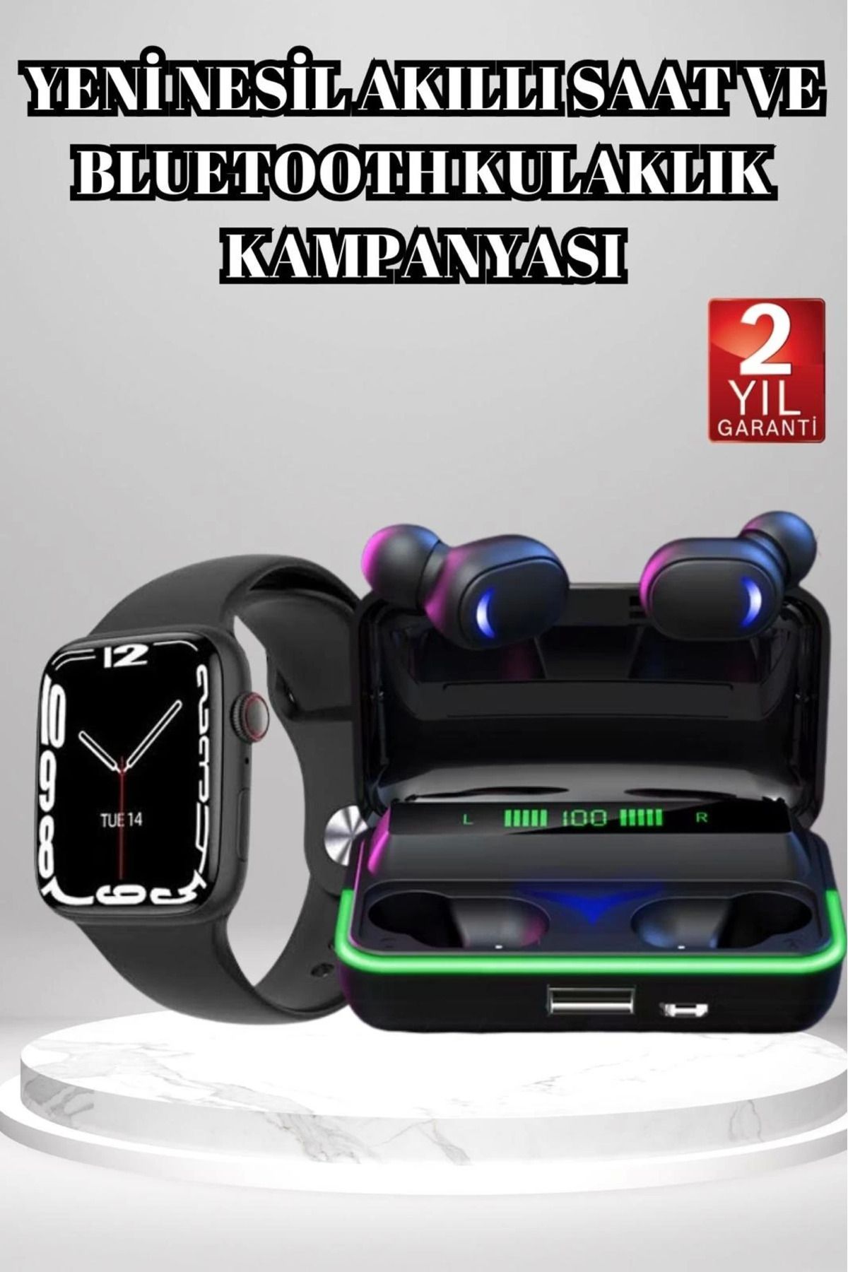 MELFSHOP Ucuz ve Kaliteli Kulaklıklı Saat Seti Bluetooth Bağlantılı Akıllı Saat ve Kulaklık