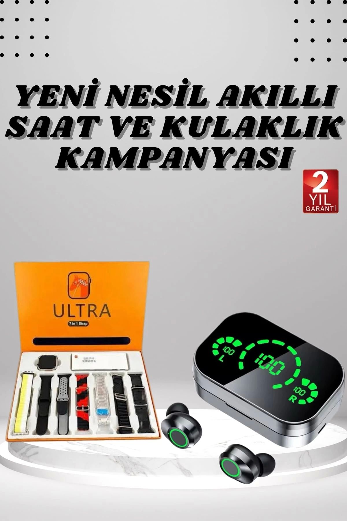 MELFSHOP 7 Kordonlu Akıllı Saat Ve Aynalı Bluetooth Kulaklık Powerbank Dijital Göstergeli