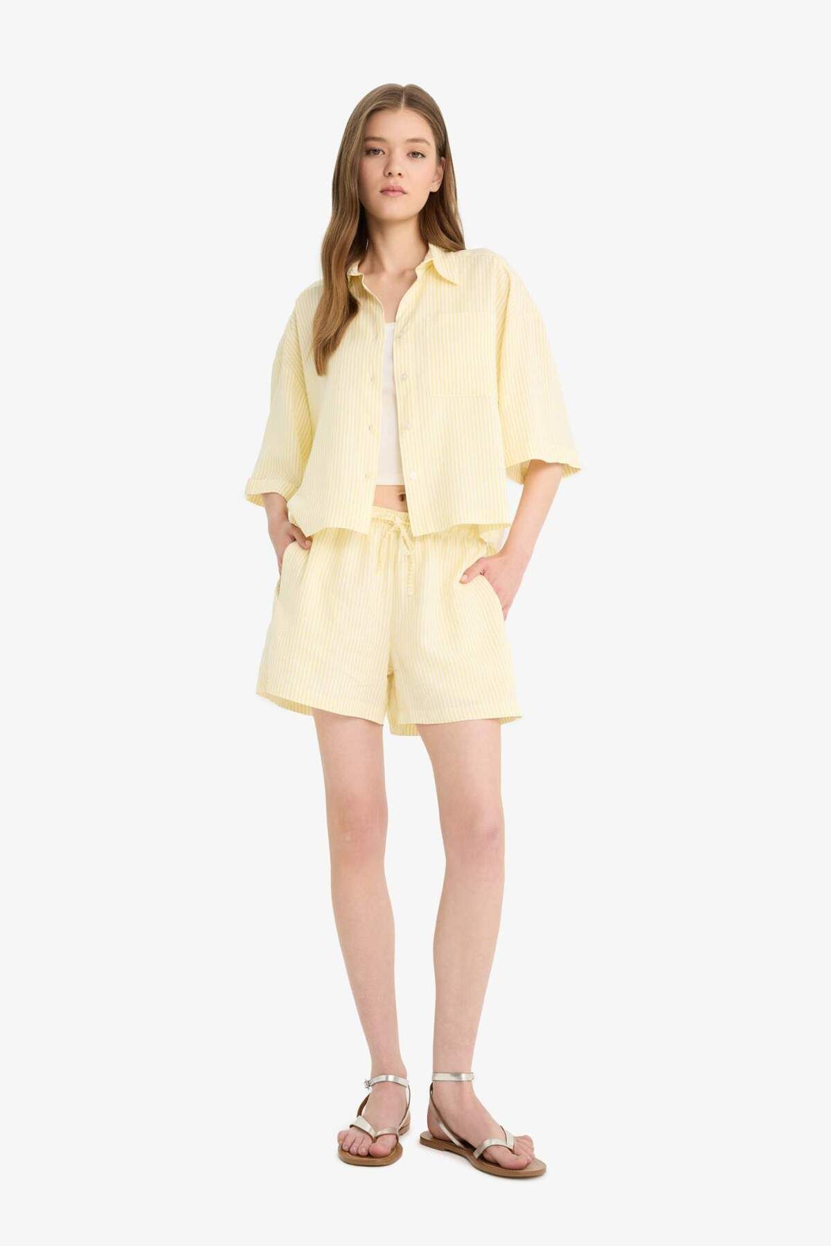DeFacto-Coool A-Line Regular Waist Straight Leg Linen Blend Shorts F2543Ax25Sm 2