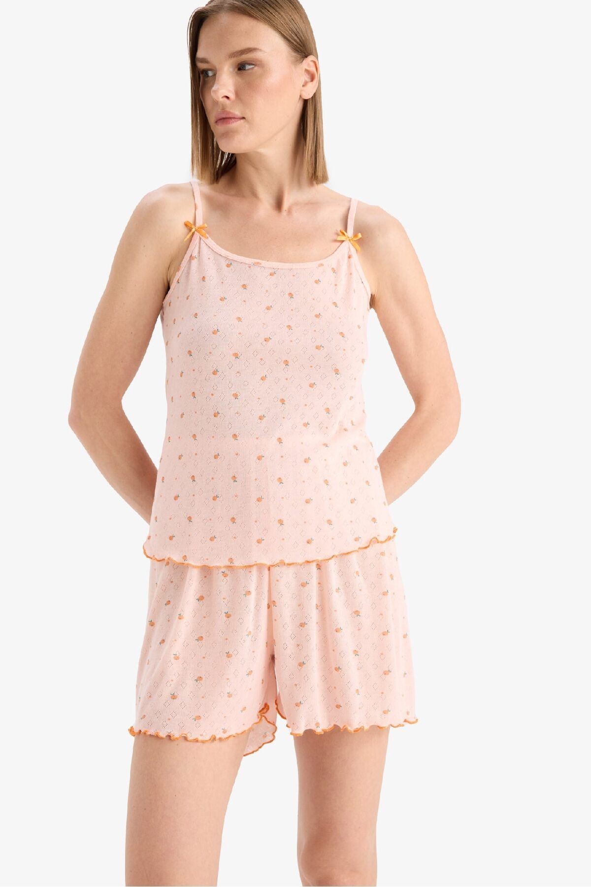 DeFacto-Regular Fit Pajama Set Patterned Suspender Pajama Top with Elastic Waist Shorts Pajama Bottoms-Fall in Love F5774 4