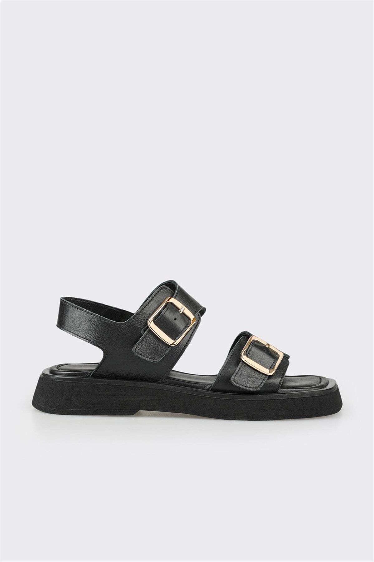 Elle Shoes Siyah Deri Kadın Düz Sandalet