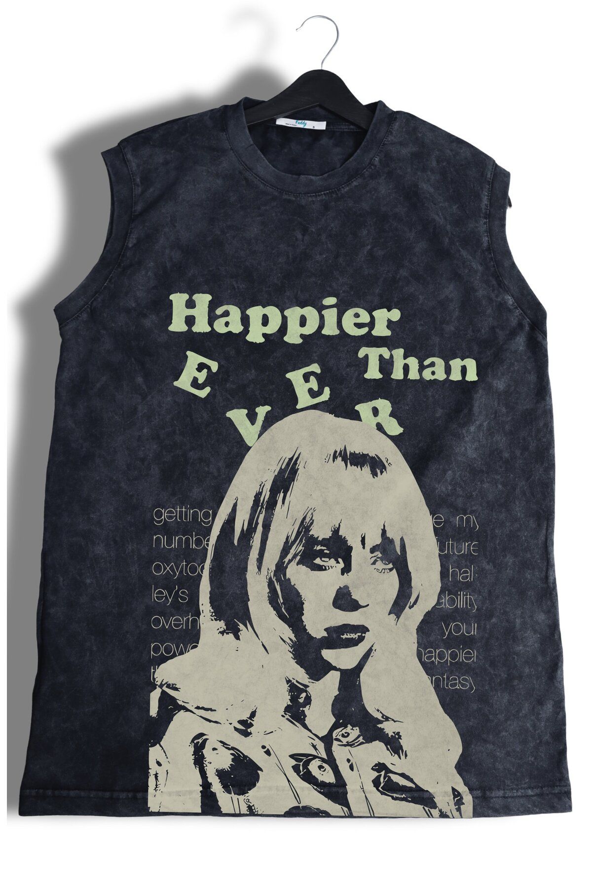 Fuddy Moda Happier Than Ever Yazılı Yıkamalı Kolsuz Tişört, Unisex Billie Eilish Baskılı Sıfır Kollu Atlet