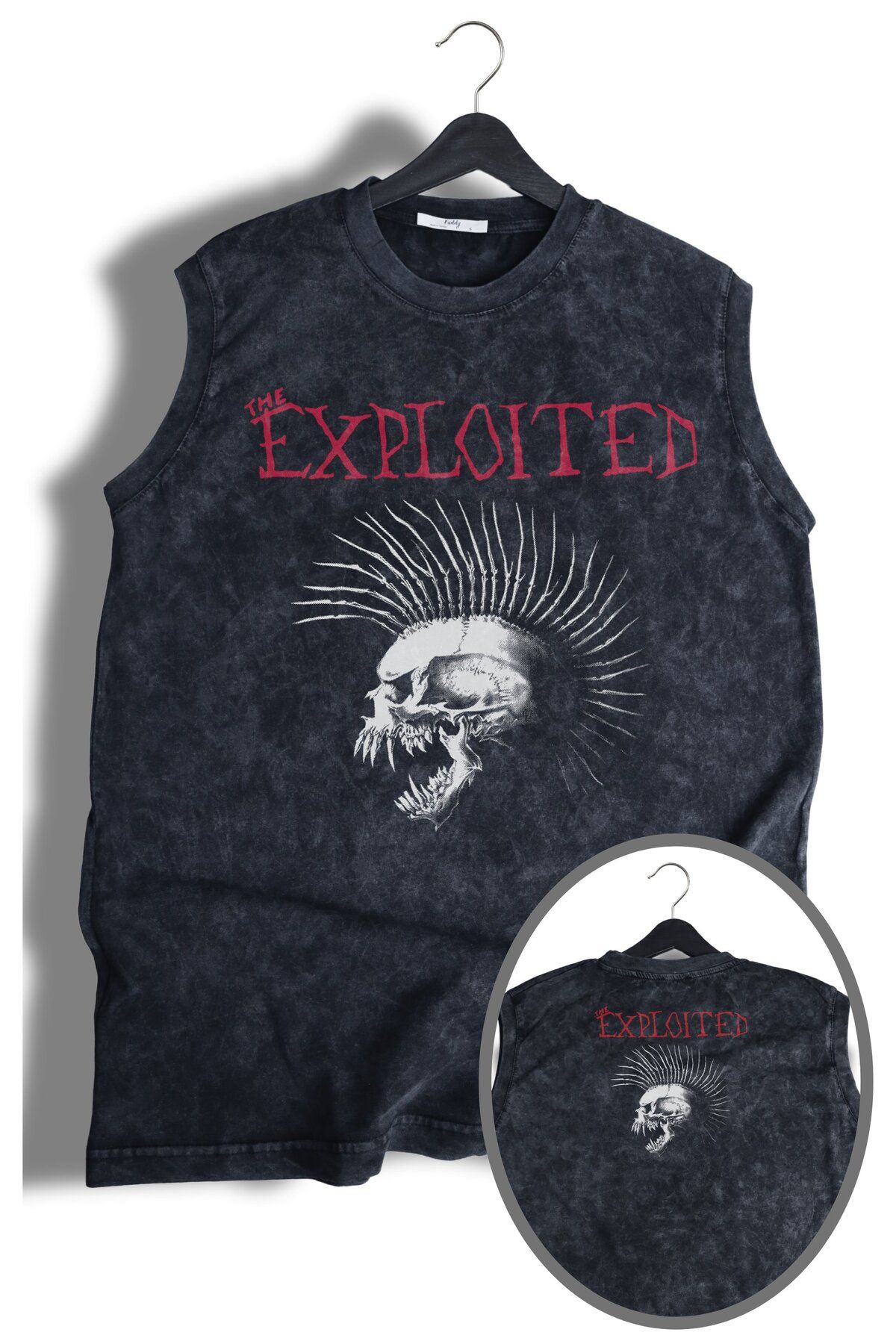 Fuddy Moda Skull The Exploited Ense Baskılı Yıkamalı Kolsuz Tişört, Unisex Rock Band Temalı Sıfır Kol Atlet