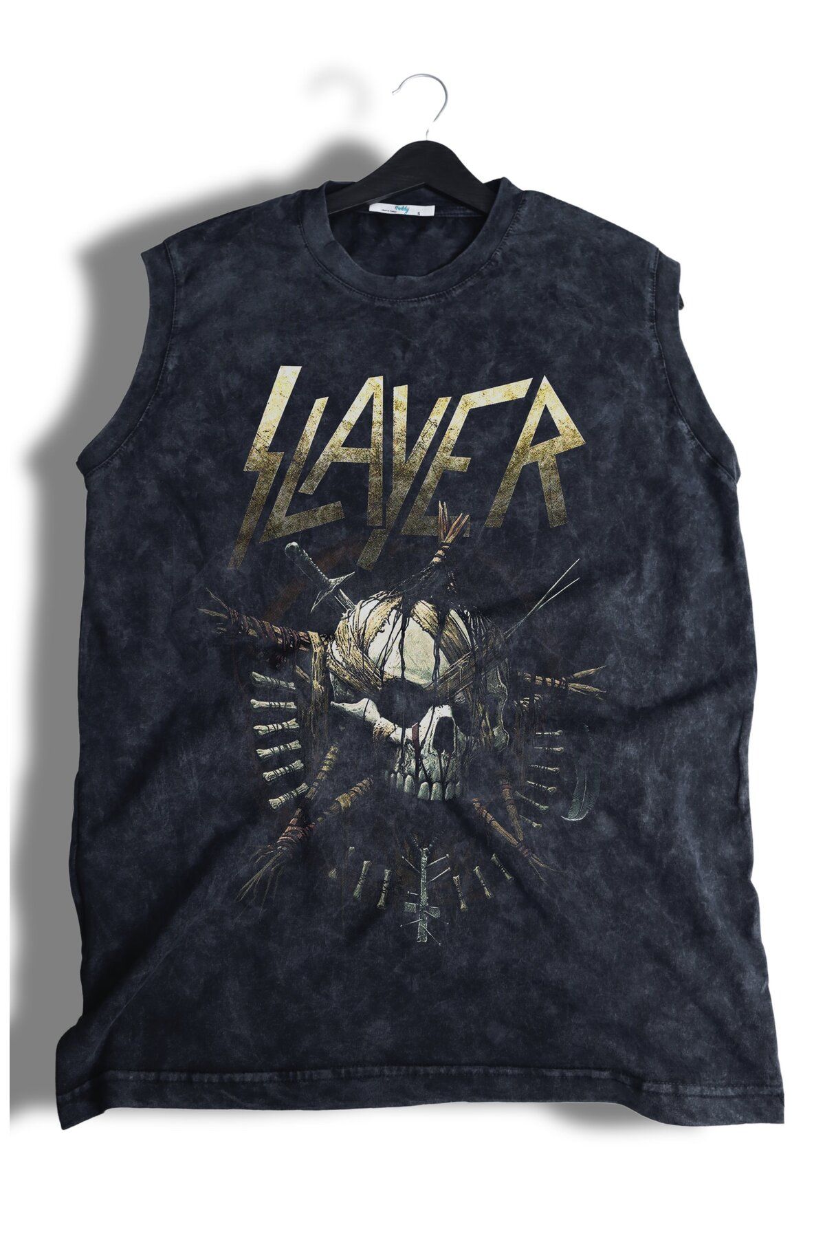 Fuddy Moda Slayer Baskılı Yıkamalı Kolsuz Tişört, Unisex Rock Band Temalı Sıfır Kol Vintage Atlet