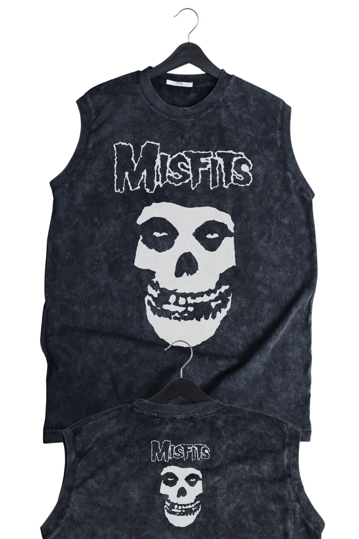 Fuddy Moda Misfits Ense Baskılı Yıkamalı Kolsuz Tişört, Unisex Rock Band Temalı Sıfır Kol Retro Atlet