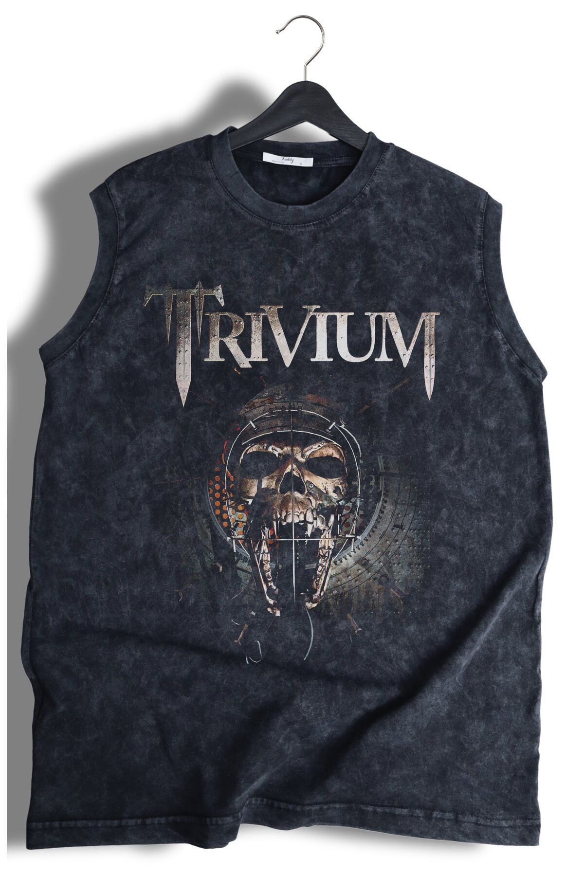Fuddy Moda Trivium Skull Baskılı Yıkamalı Kolsuz Tişört, Unisex Rock Band Temalı Sıfır Kollu Retro Atlet