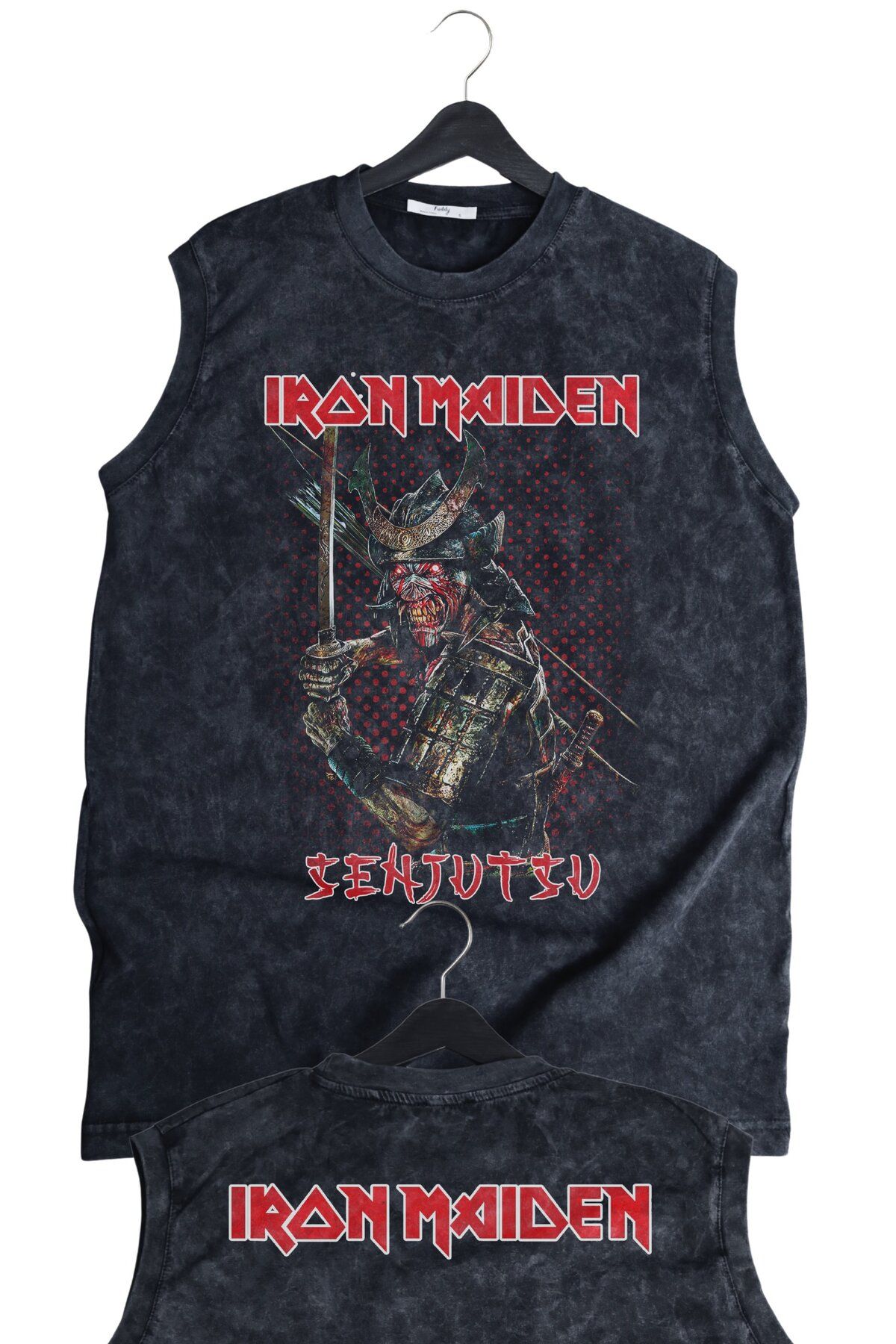Fuddy Moda Senjutsu Iron Maiden Ense Baskılı Yıkamalı Kolsuz Tişört, Unisex Rock Band Temalı Sıfır Kol Atlet
