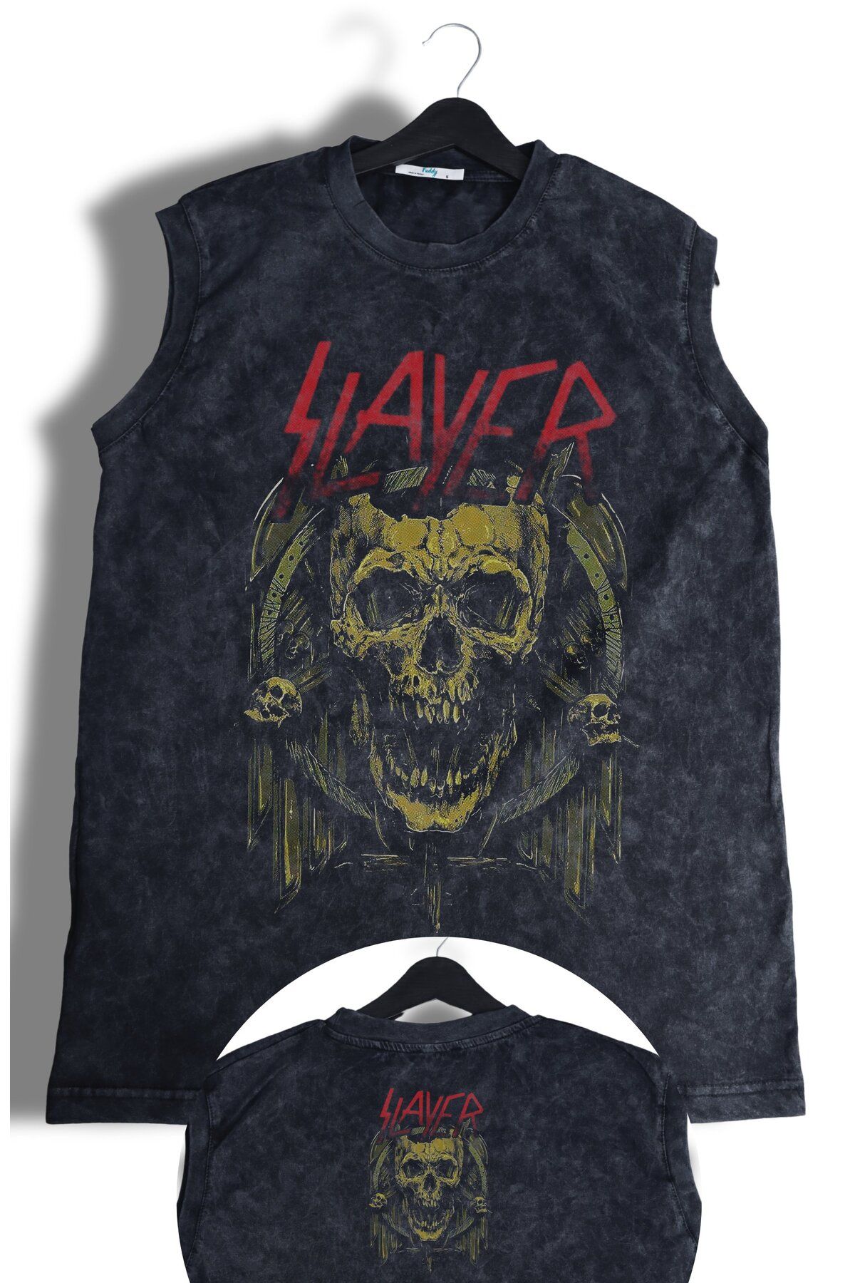 Fuddy Moda Skull Slayer Ense Baskılı Yıkamalı Kolsuz Tişört, Unisex Rock Band Temalı Sıfır Kol Vintage Atlet