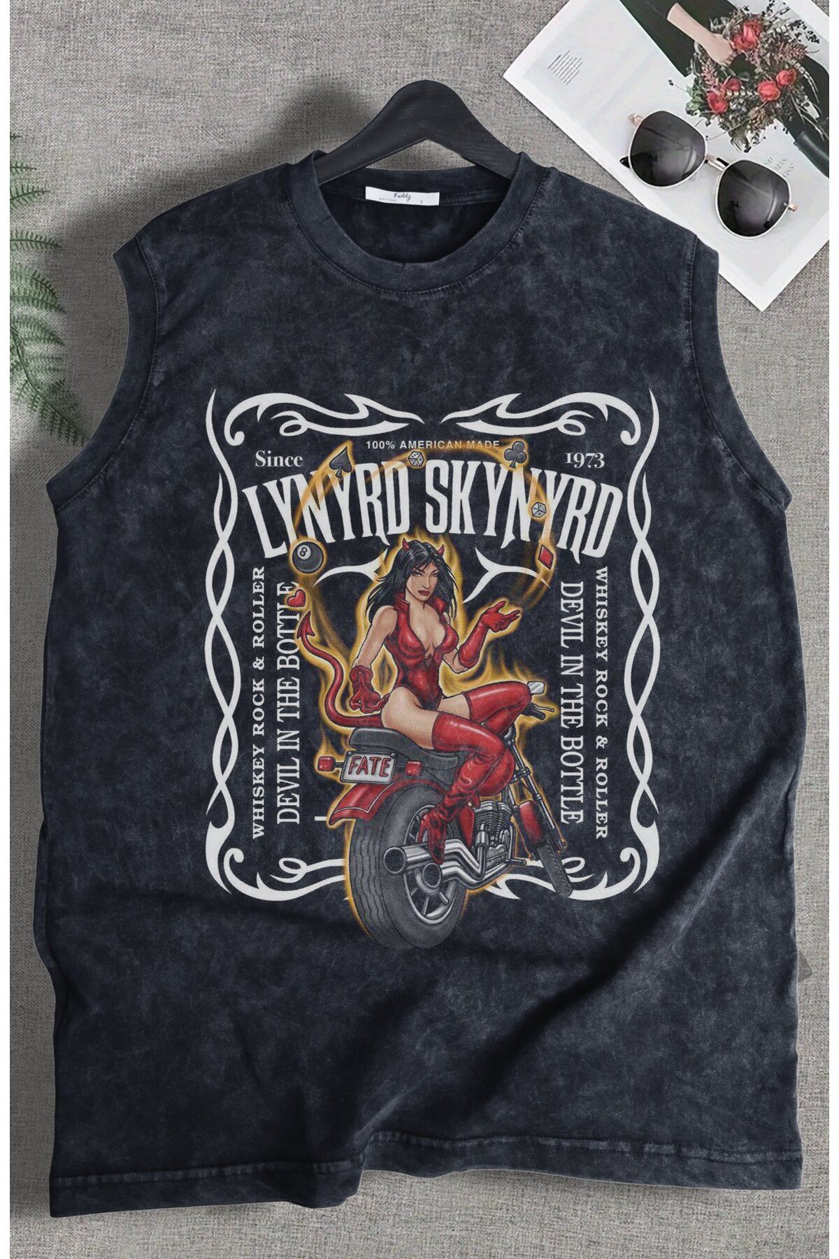 Fuddy Moda Lynyrd Skynyrd 1973 Baskılı Yıkamalı Kolsuz Tişört, Unisex Rock Band Temalı Sıfır Kol Retro Atlet